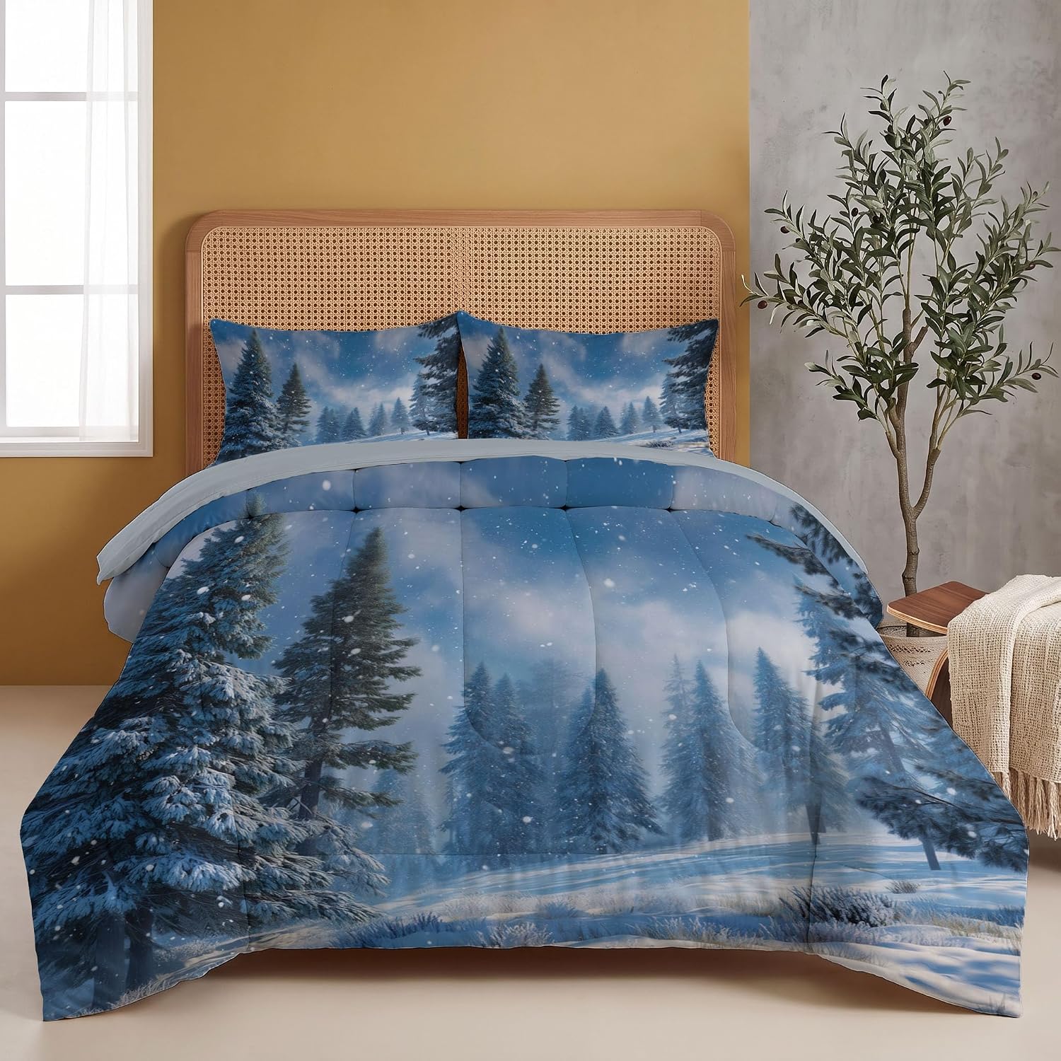 3 Piece Quilts Queen Size Bedding Set, Ice Blue Lightweight Bedspread, Soft Microfiber, Snowflake Pine Pattern for All Season Bed Coverlet with 2 Pillow Shams, 90"X90"