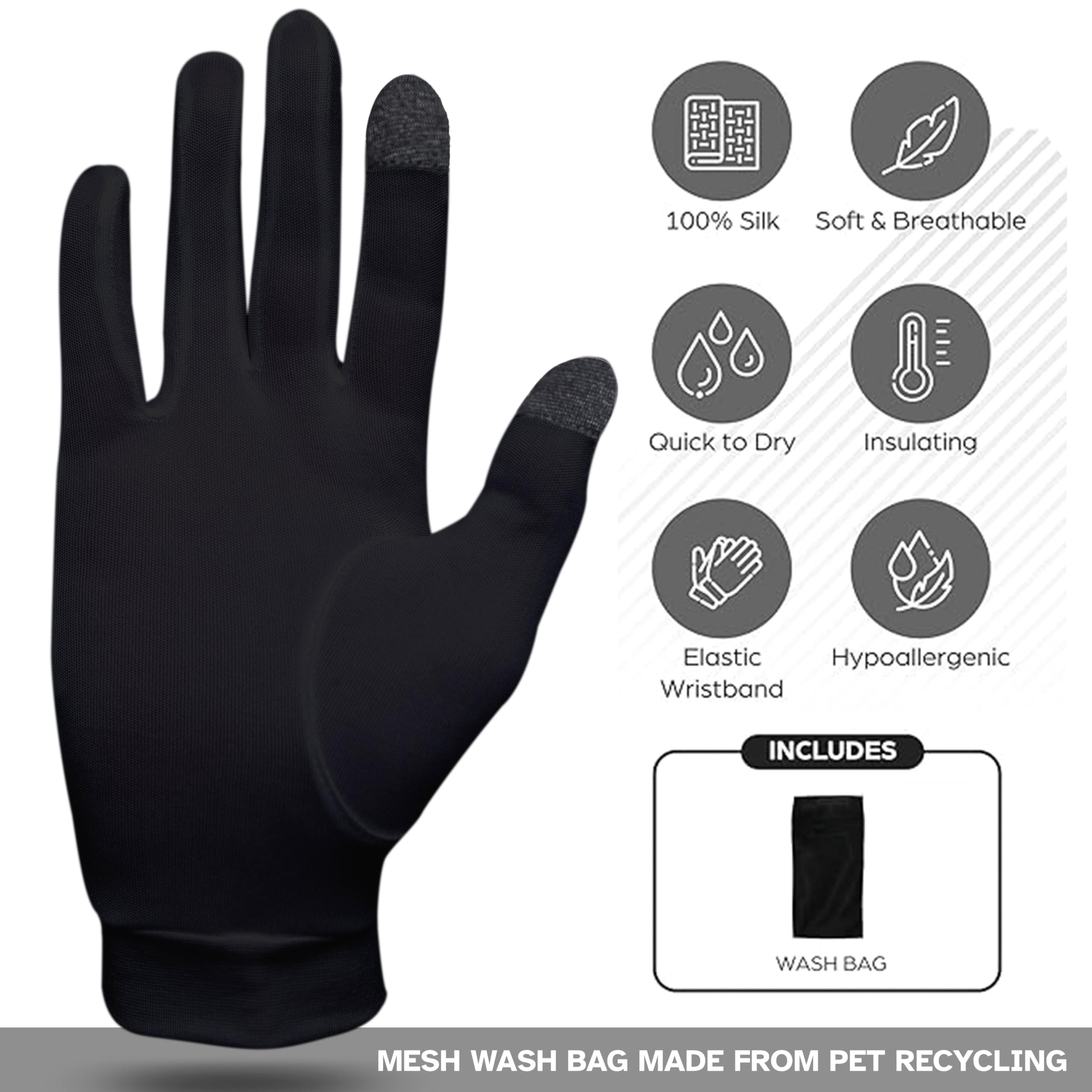 Guantes de seda pura | Suaves y cómodos | Guantes térmicos interiores con pantalla táctil | Uso natural | Unisex | Bolsa de lavado incluida (Blanco, Mediano)