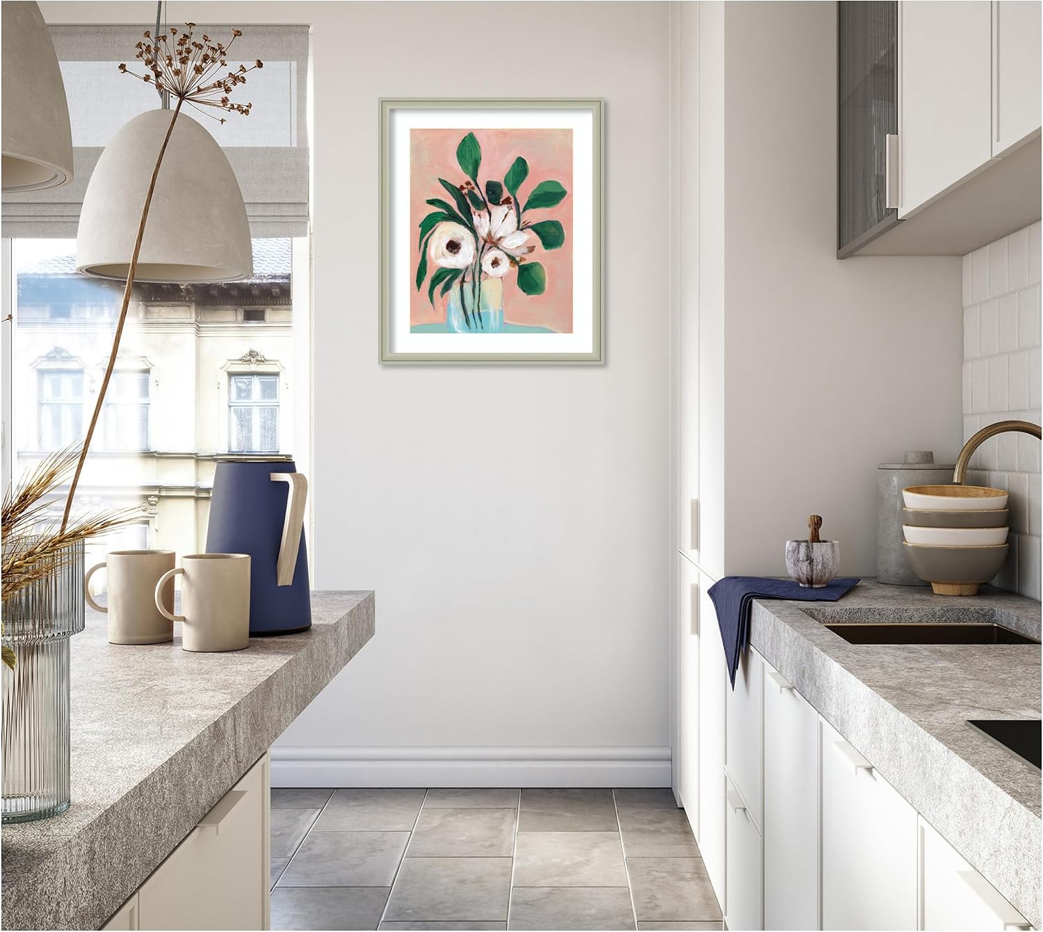 Kate and Laurel Framed Wall Art Print 'Blush in Bloom' by Nikita Jariwala, 22 x 26, Florence Silver Frame, Modern Contemporary, Flower Art for Wall Decor