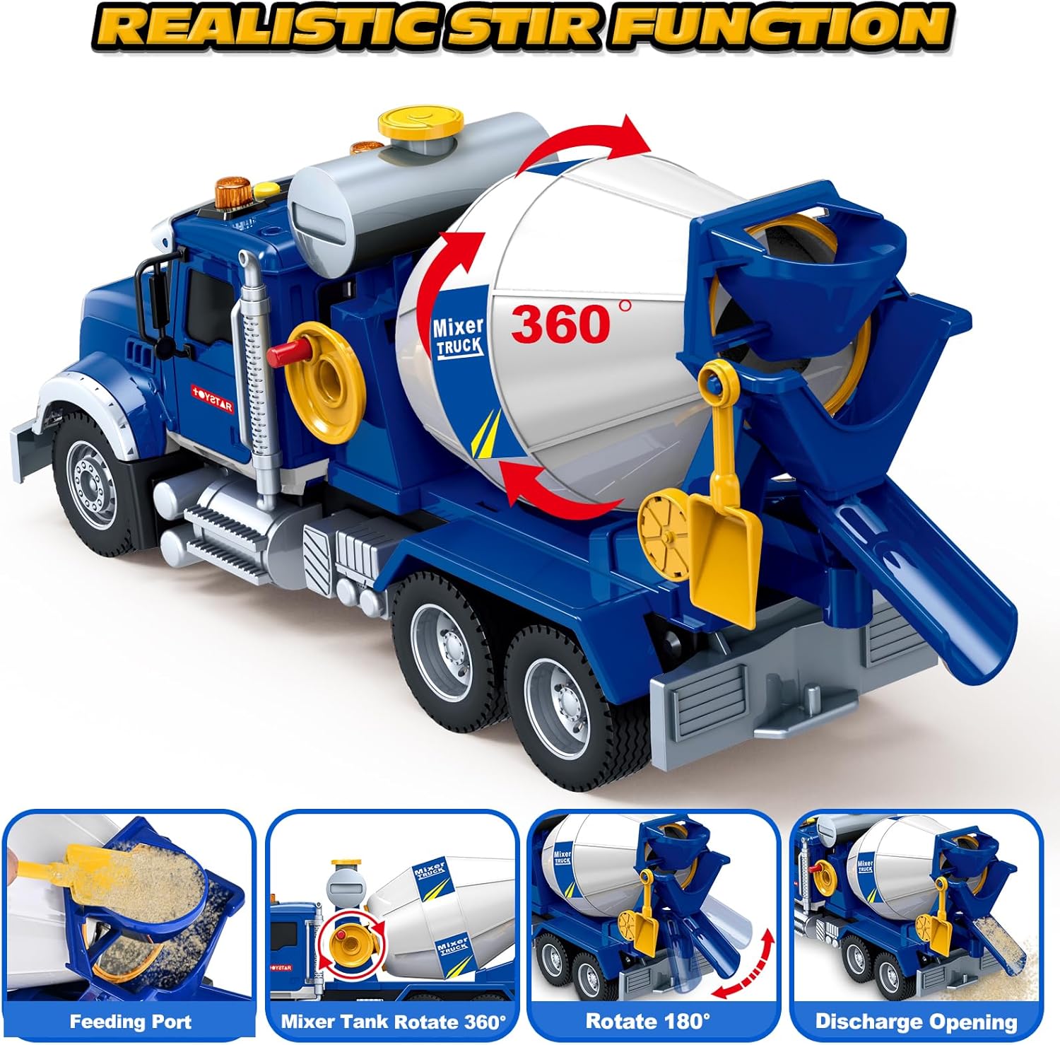 Bstoyder Kids Toys for 3 4 5 6 7 8 Years Old Boys, 15" Large Cement Mixer Truck Toy with Lights, Sounds, Blue Toddler Friction Powered Truck Vehicle Toy for Boys Girls Christmas Birthday Gifts