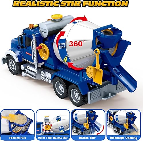 Miniatura 2 de Juguetes para niños de 3, 4, 5, 6, 7, 8 años, camión mezclador de cemento grande de 15 pulgadas, juguete con luces, sonidos, camión de fricción azul