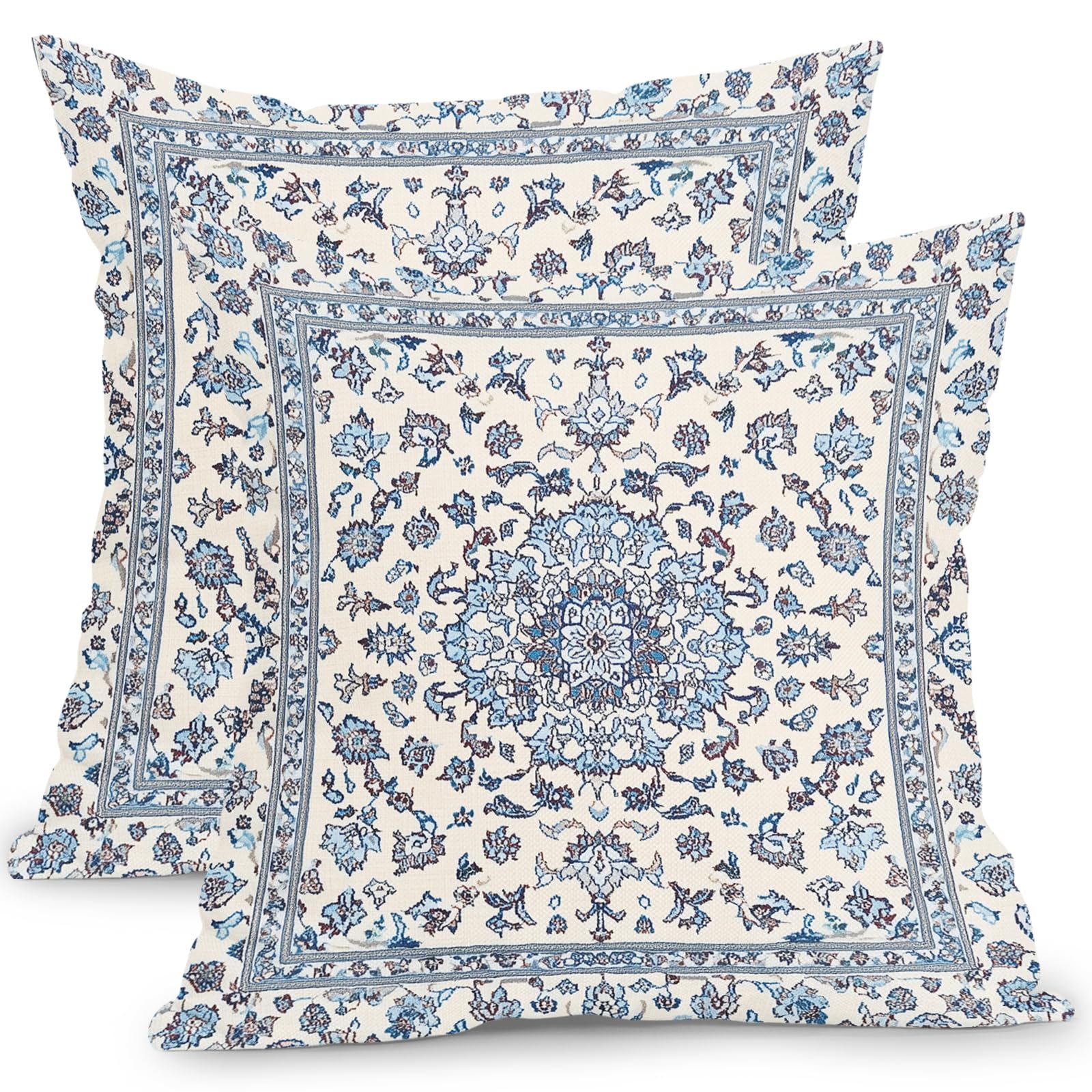 Barneova Chinoiserie Pillow Cover 18x18 Inch Set of 2 Blue and White Boho Decorative Outdoor Throw Pillows Blue Bohomian Pillowcases Cotton Linen
