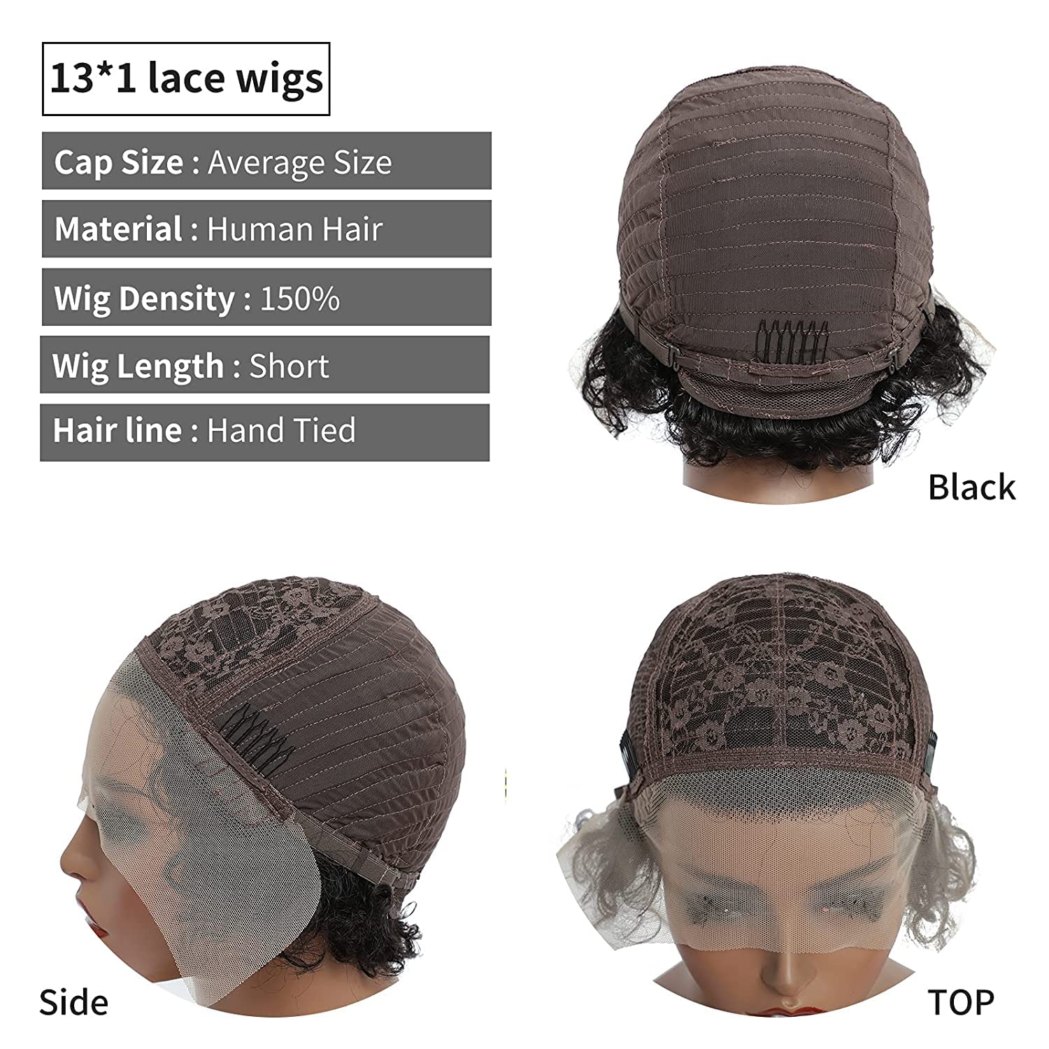 13 x 1 parrucca anteriore in pizzo corto umano capelli parrucca donna brasiliana naturale ricci capelli umani parrucca 150% densità (nera)