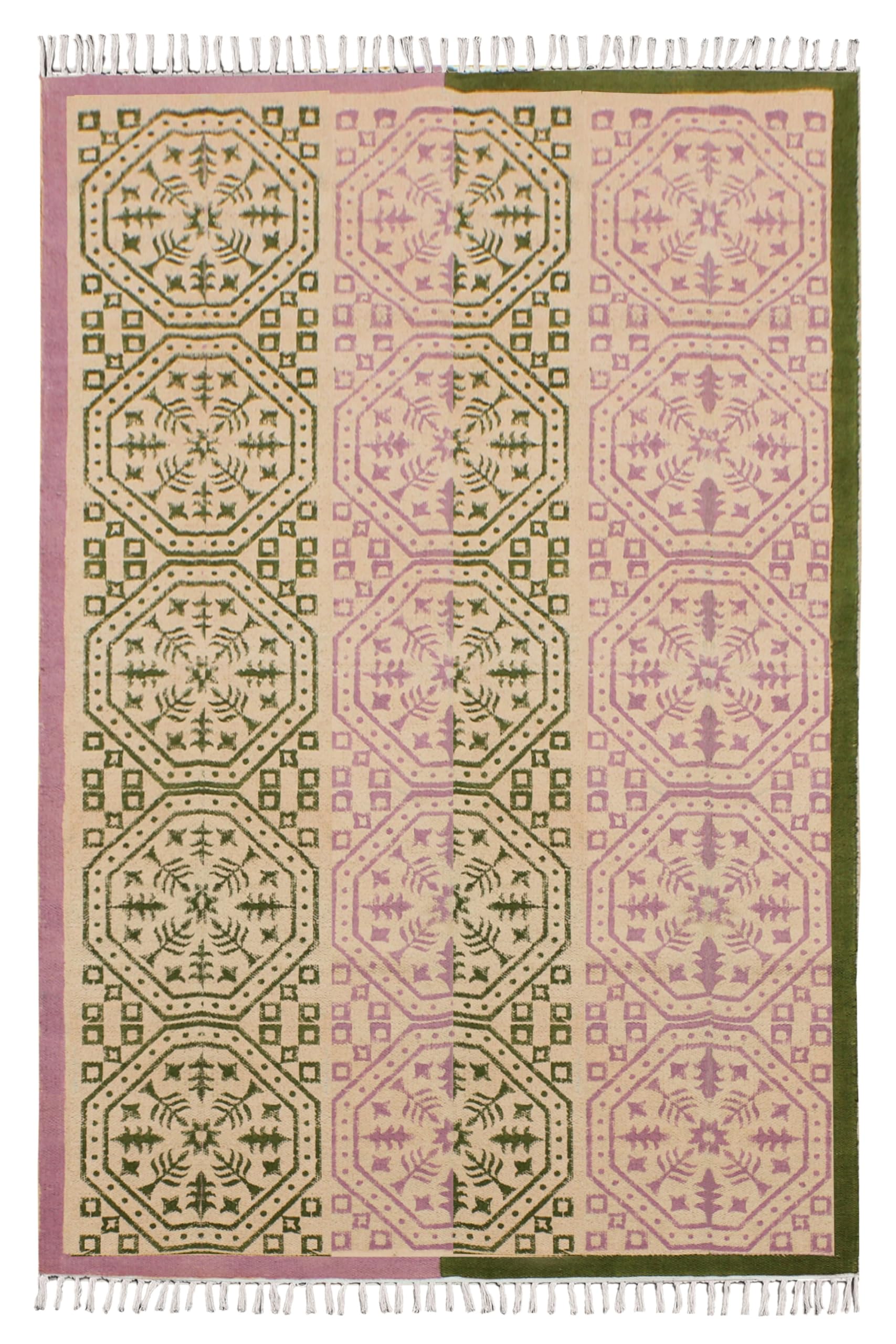 Alfombra cuadrada bohemia CASAVANI de tejido plano de algodón en verde y beige para dormitorio 1