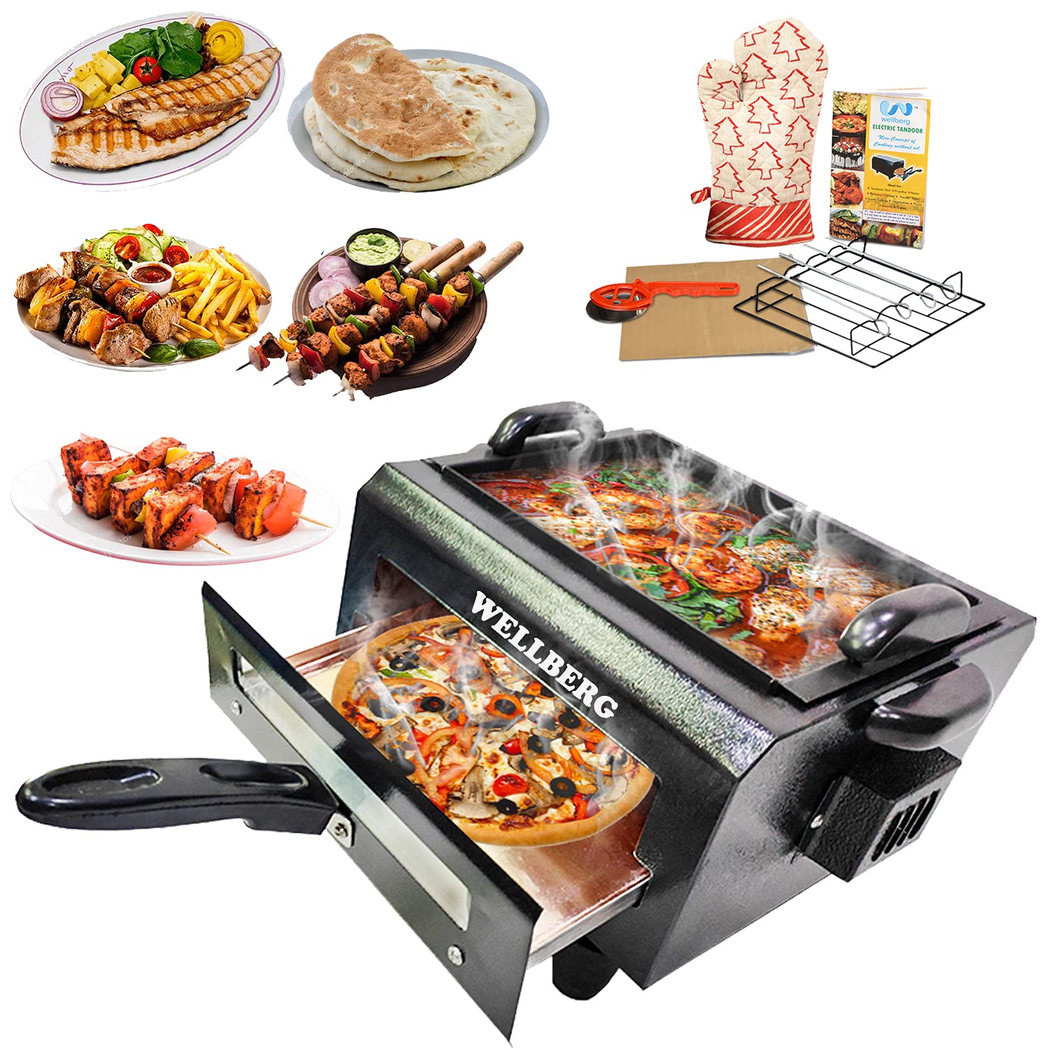 WELLBERG 2 IN 1 Electric Tandoor with Auxiliary Equipment (Black) (10 Inch) 2000wt with pizza cutter, Magic cloths, 1 Grill, 4 Skewers, 1Recipe book, 4 legs, 1 handle (DUAL 2 In 1)