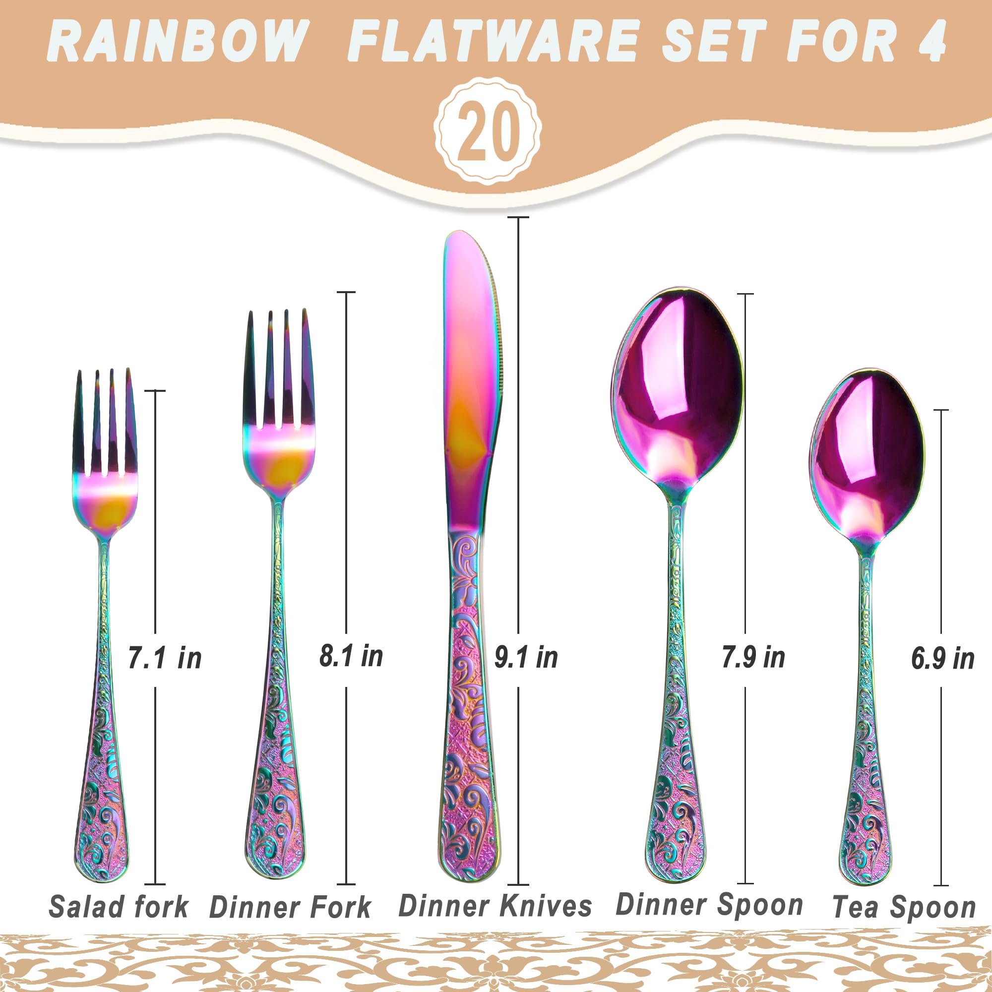Runfly Vintage Carved Rainbow Stainless Steel 20 Pieces Flatware Set, Colorful Silverware Set, Modern Embossed Cutlery Set Utensils Including Fork Spoon and Knife