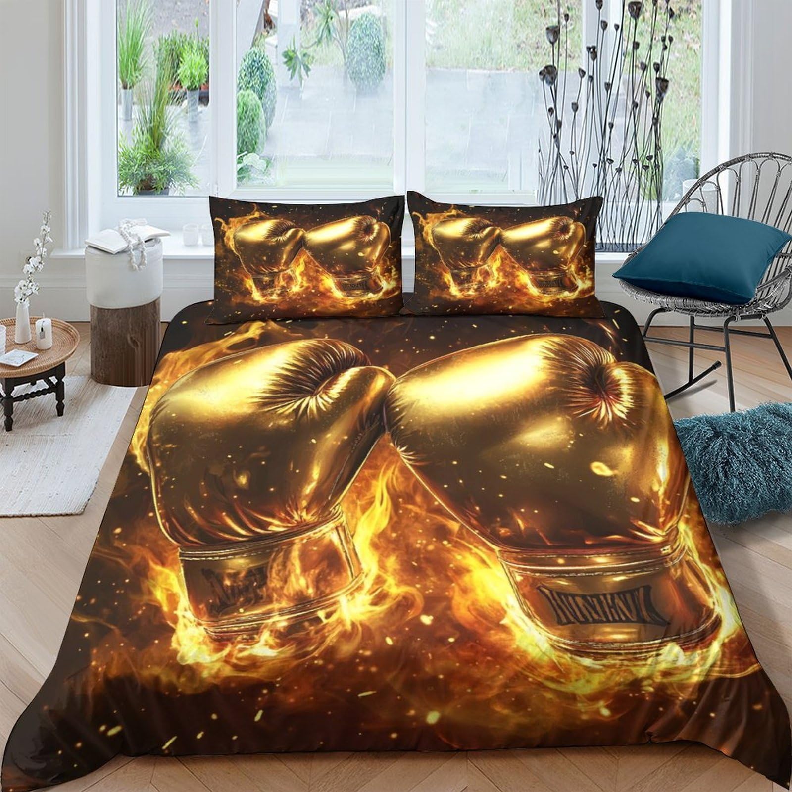 Ctjqhvkz Style-4 3D Printed Fire Fist Fitted Sheet Microfiber Soft Anti-Slip Boxing Flames Bed Cover For Bedroom Guestroom Decor Single（135X200cm）