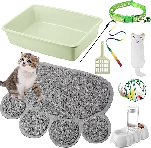 Kit de iniciación de 7 piezas para gatos pequeños, caja de arena para gatos con pala, alfombrilla de arena doble automática para gatos, juguetes