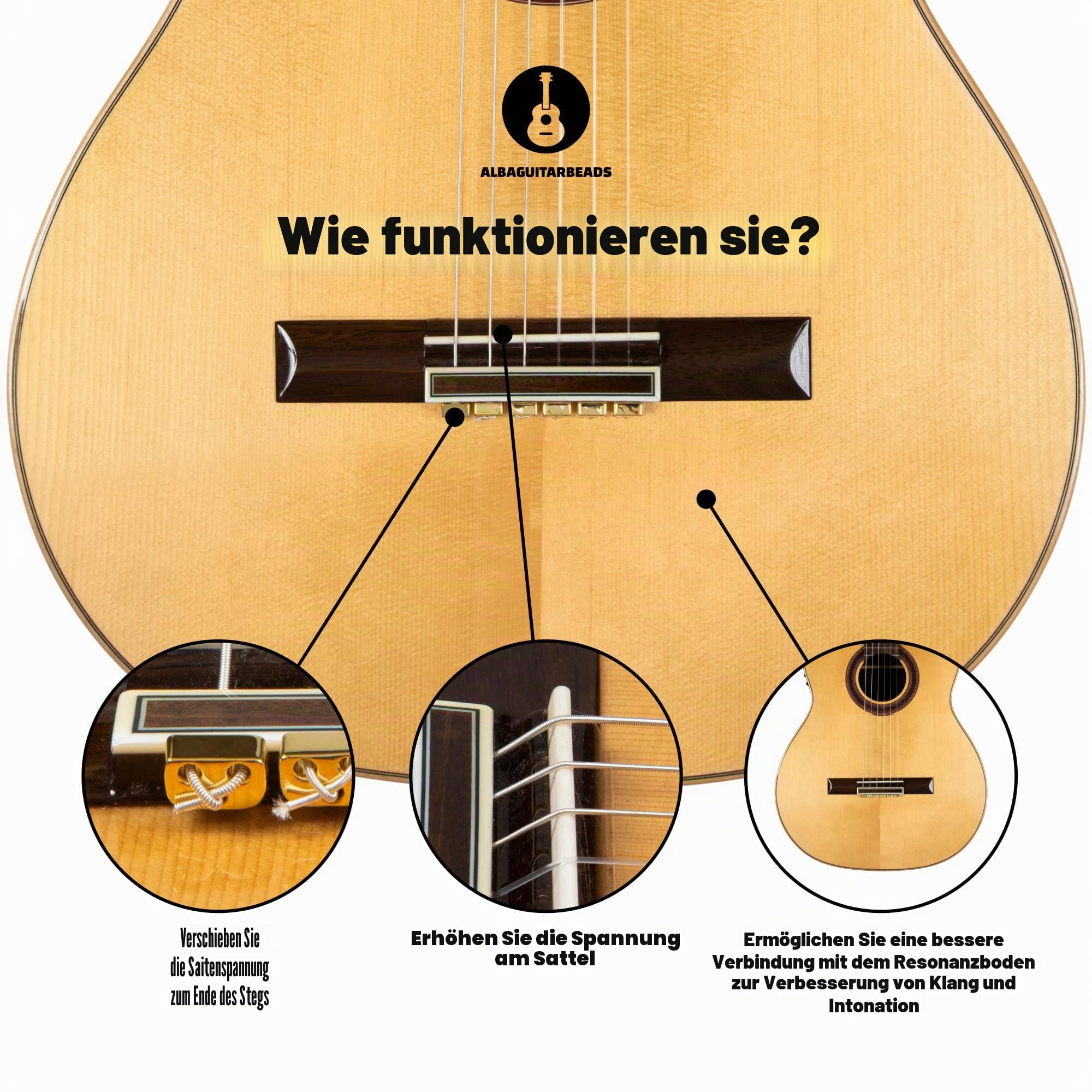Gold Alba Guitar Beads aus Metall für Klassische, Flamenco- und Akustik Gitarren mit Nylonsaiten