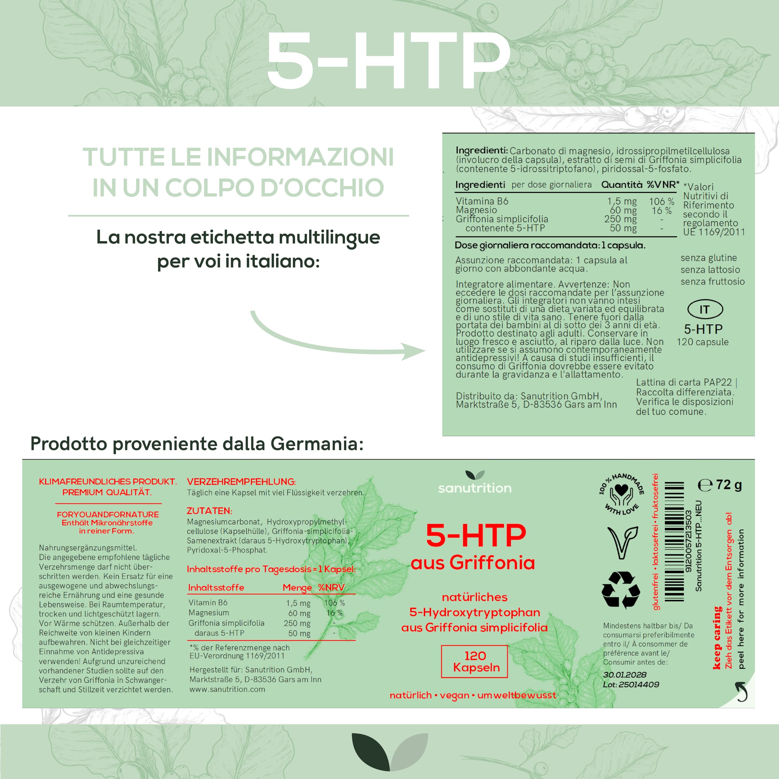 5-HTP Griffonia | 120 capsule vegane | booster di umore | estratto di Griffonia (20% 5-idrossitriptofano) | formazione di serotonina | con magnesio e vitamina B6 | scatola di carta sostenibile