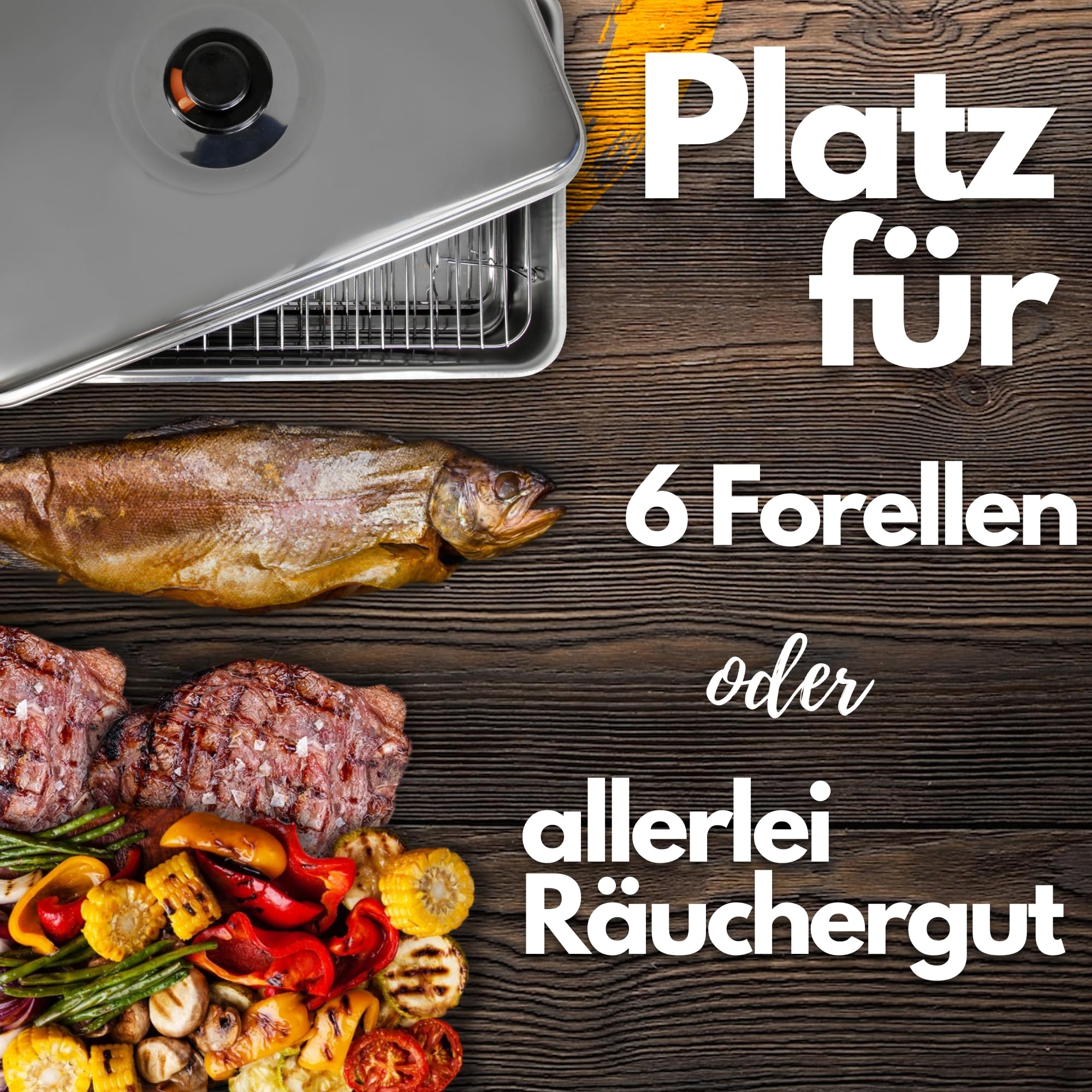 Deluxe Edelstahl Tischräucherofen XL Set | mit Brennpaste, Räuchermehl, Räuchergewürz, Brenner, rostfrei