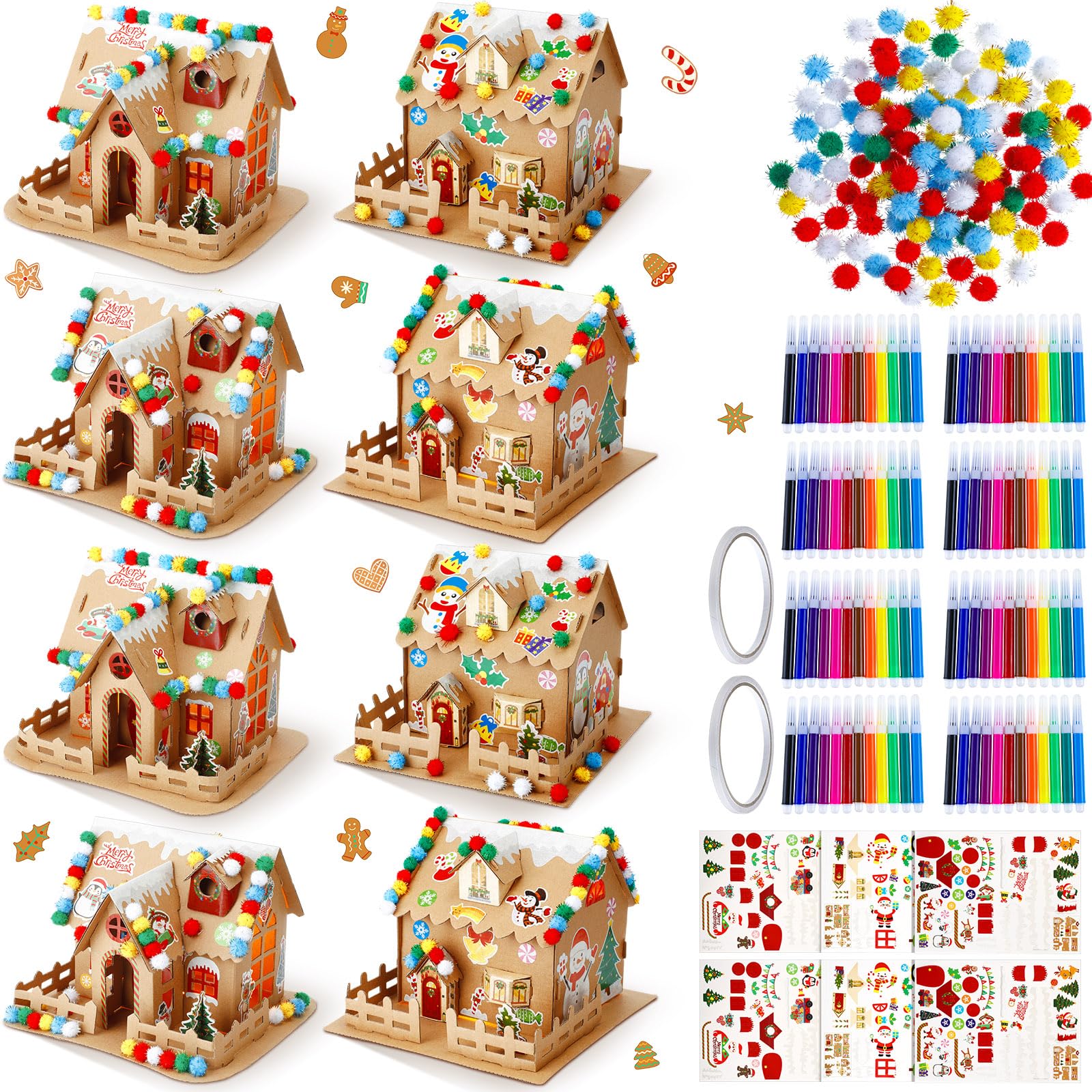 Poen 226 Pcs Christmas Gingerbread House Kit Build Gingerbread House Kit DIY Cardboard Christmas Craft Supplies for Holiday Party Fun Decoration(Stylish Style)