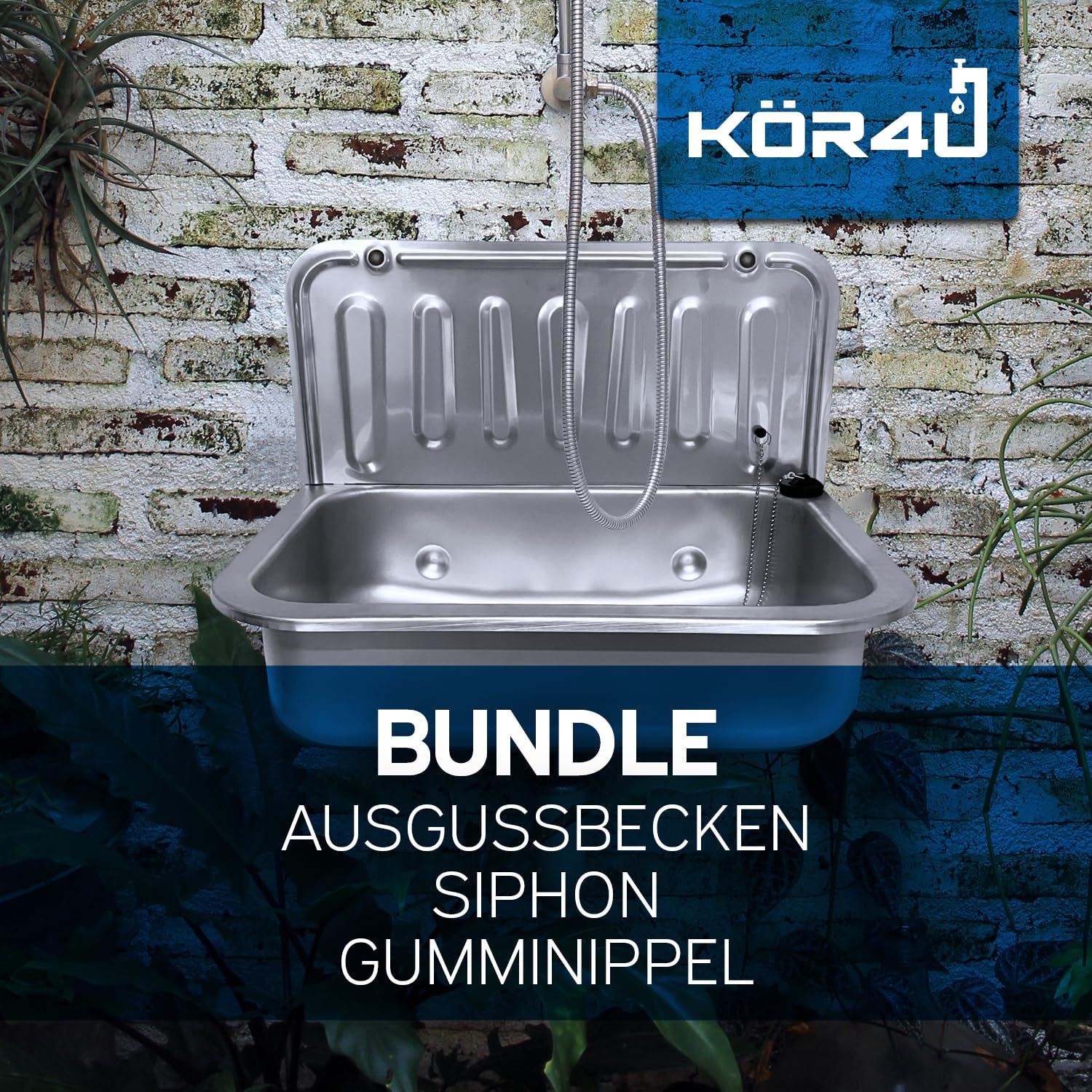 kör4u Set completo lavandino 50 cm, in robusto acciaio inox, con tappo di scarico, sifone in plastica bianco, 1 1/2 pollici x 40 mm, tappo in gomma DN 40/50