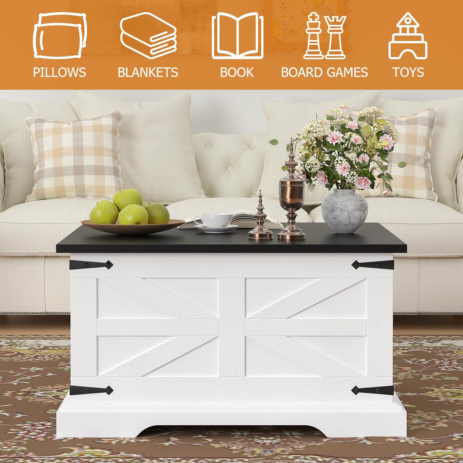 Bigbiglife Farmhouse Coffee Table with Storage, 31.5" Square Center Table for Living Room, Rustic Wood Cocktail Table with Large Hidden Compartment, Sturdy Antique White Coffee Table, Easy Assembly