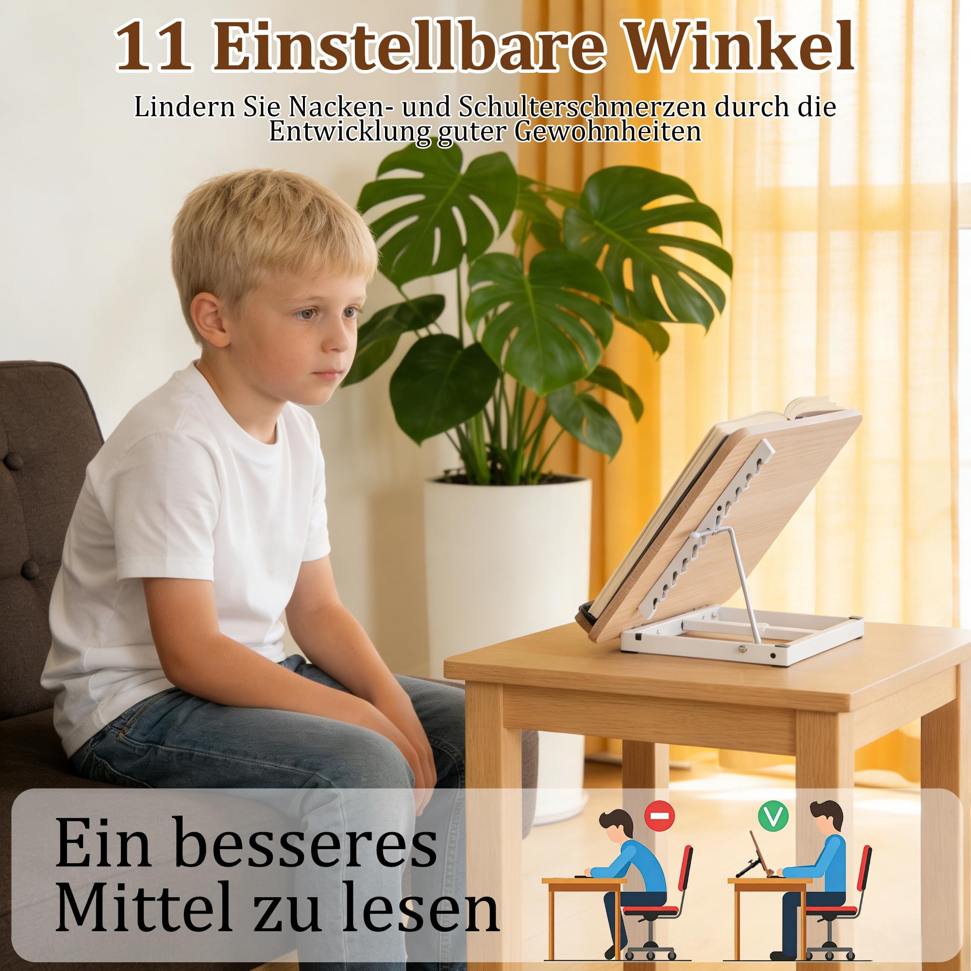 2 in 1 Verstellbarer Buchständer, Höhenverstellbar 50-130cm, Weiß | Dual-Use Boden & Schreibtisch-Buchhalter, Holz-Kochbuchhalter mit Seitenclips, für Musikblatt, Rezept, Laptop