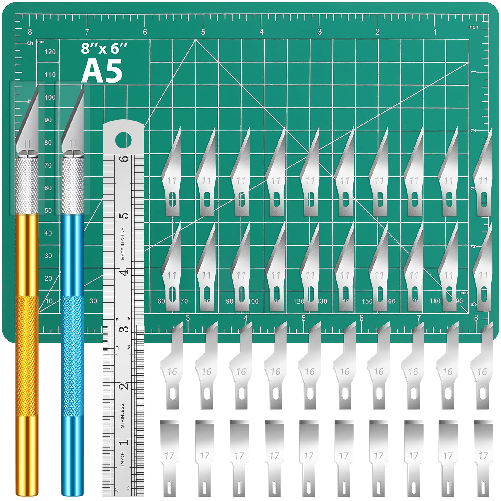 DIYSELF Knife Craft Knife Set, 44 Pcs Hobby Knife Kit, Exacto Knife, Ruler, Cutting Mat with 40 Spare Blades for Carving, Crafting, Art, Scrapbooking