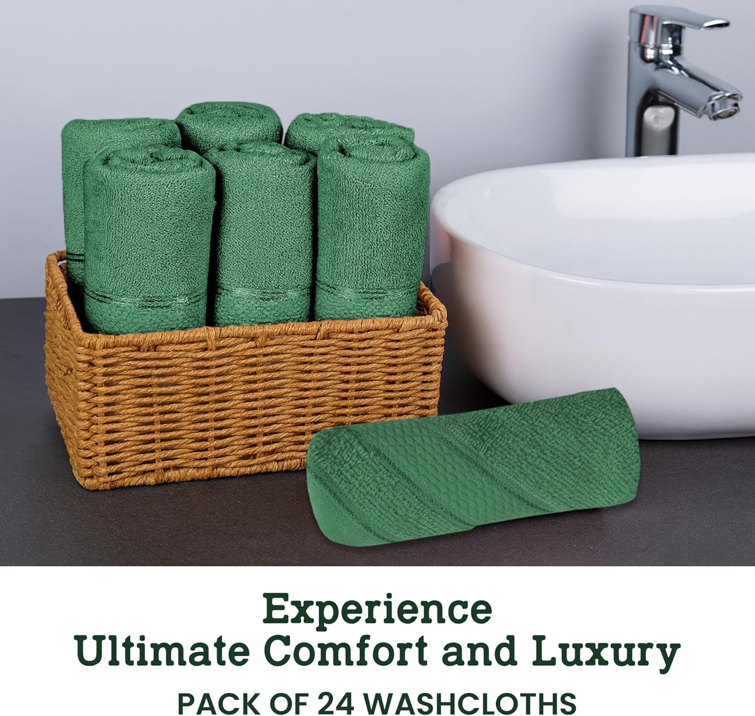 Casa Lino Face Towels & Body Wash Cloths for Showering - 100% Cotton Wash Cloths for Bathroom - Highly Absorbent & Quick Drying Washcloth Set - Cotton Washcloths 24 Pack (12" x 12") - (Green)