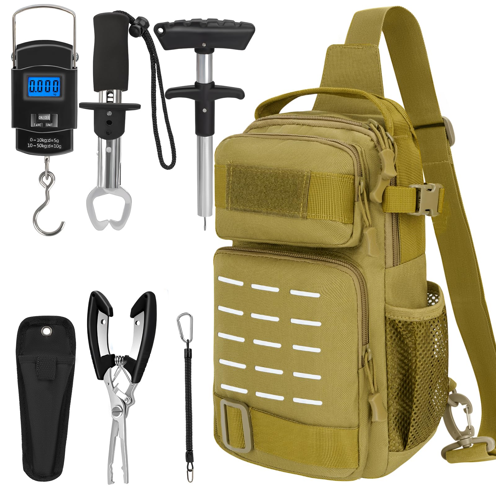 THKFISH 7Pcs Fishing Backpack with Fishing Pliers Kit, Tactical Fish Sling Tackle Bag Included Fishing Tackle kit, Digital Fishing Gear Weight Scale,