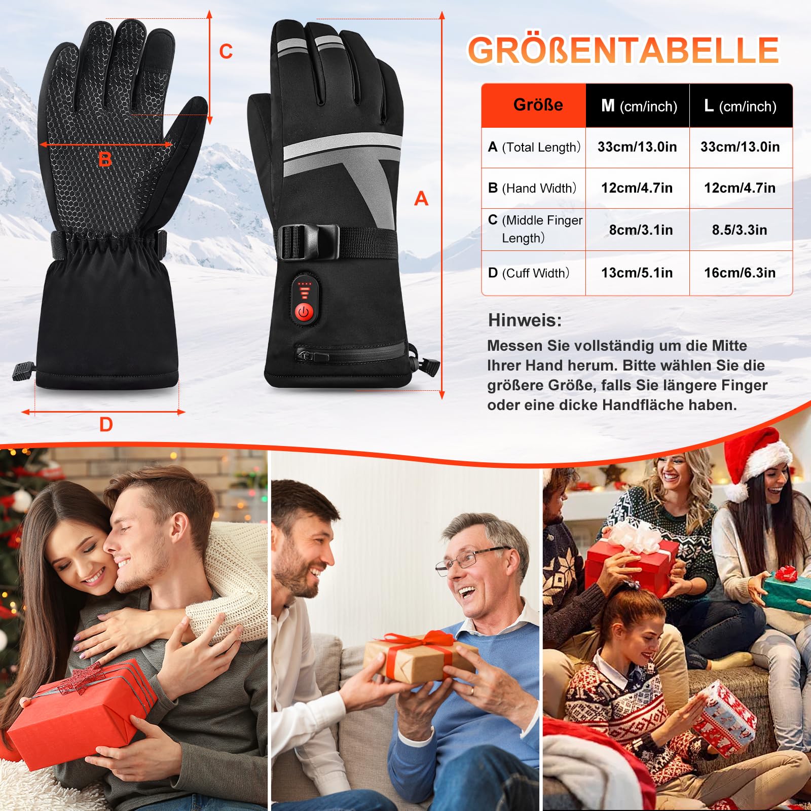 Beheizbare Skihandschuhe mit 7.4V 6400 mAh Akku, 3 Heizstufen, Winterhandschuhe für Skifahren Radfahren Motorrad
