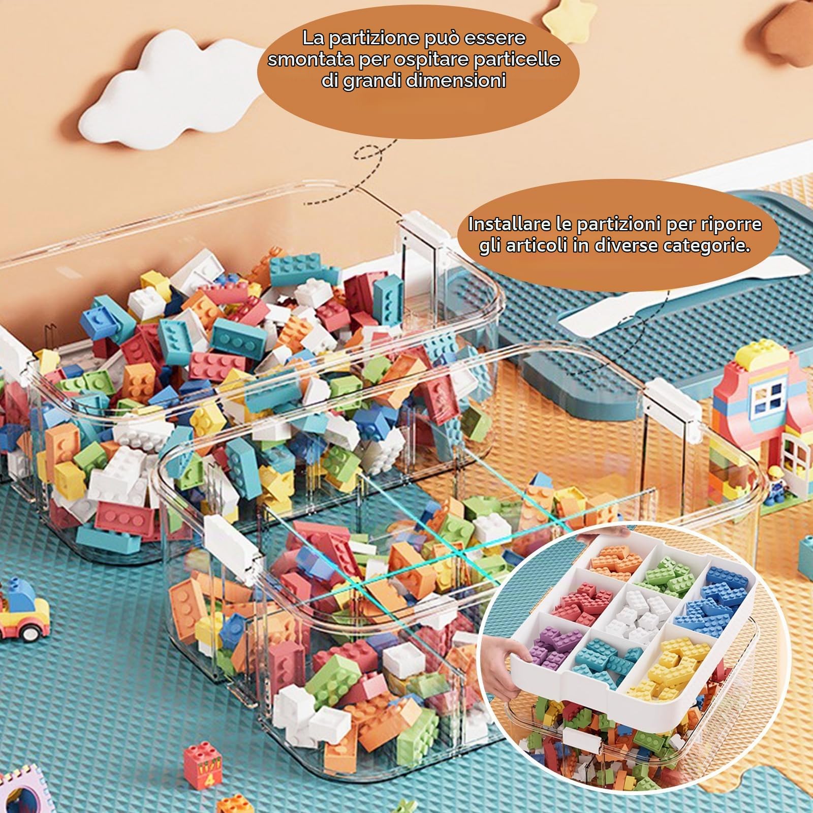 Scatole Plasticaa per Lego, 3 Strati Contenitore Portaoggetti per Giocattoli, Portaoggetti Impilabile in Plastica Trasparente con Scomparti, Per Riporre i Giocattoli Puzzle