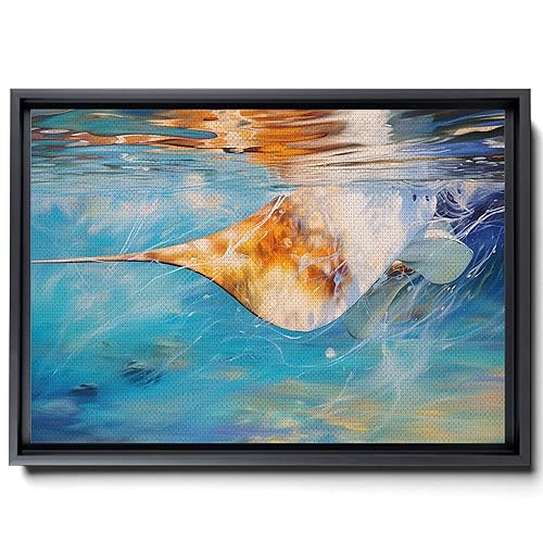 Nautical Print on Canvas for Wall Decor, Ocean Fish Manta Ray Canvas Wall Art, Beach Print for Wall Hang, Turquoise Coastal Pictures Wall Decor,