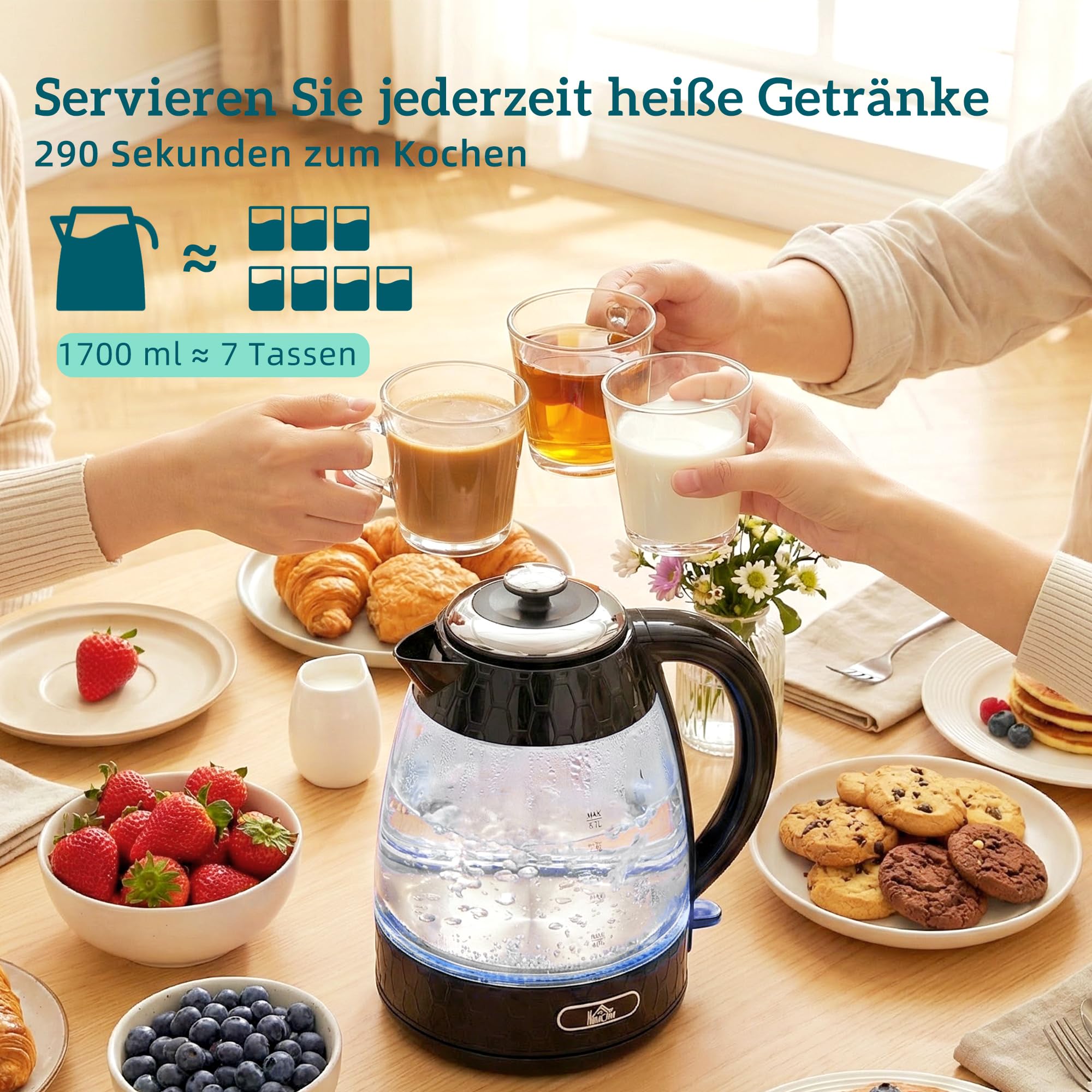 HOMCOM Wasserkocher Toaster Set, 1,7L 2200W, Glas, 4-Scheiben-Toaster, 7 Bräunungsstufen, Schwarz