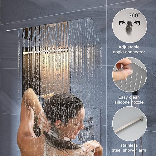 Miniatura 2 de BWE Sistema de ducha de 12 pulgadas, grifo de cascada de níquel cepillado completo con juego de boquilla, mezclador de lluvia cuadrado de lujo,