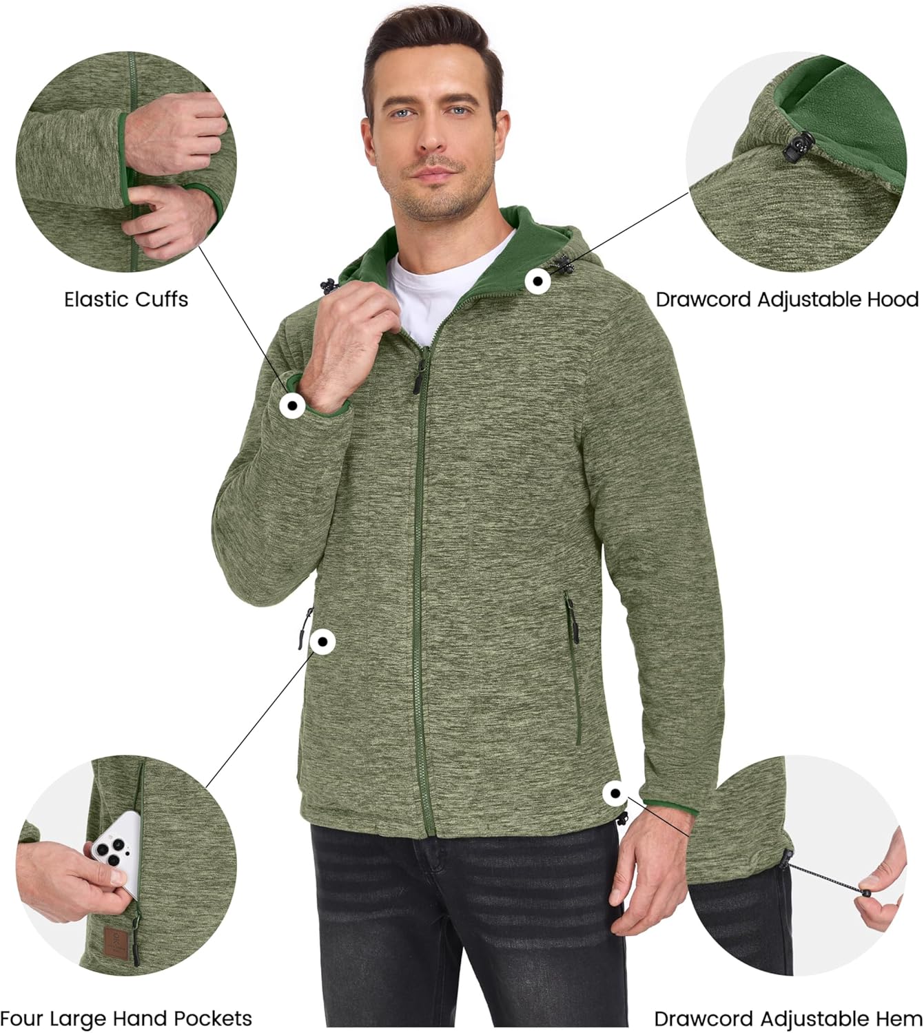 Little Donkey Andy Men's Lightweight Reversible Polar Fleece Jacket Full Zip Hoodie with Pockets Thermal Outdoor Coat - Image 6