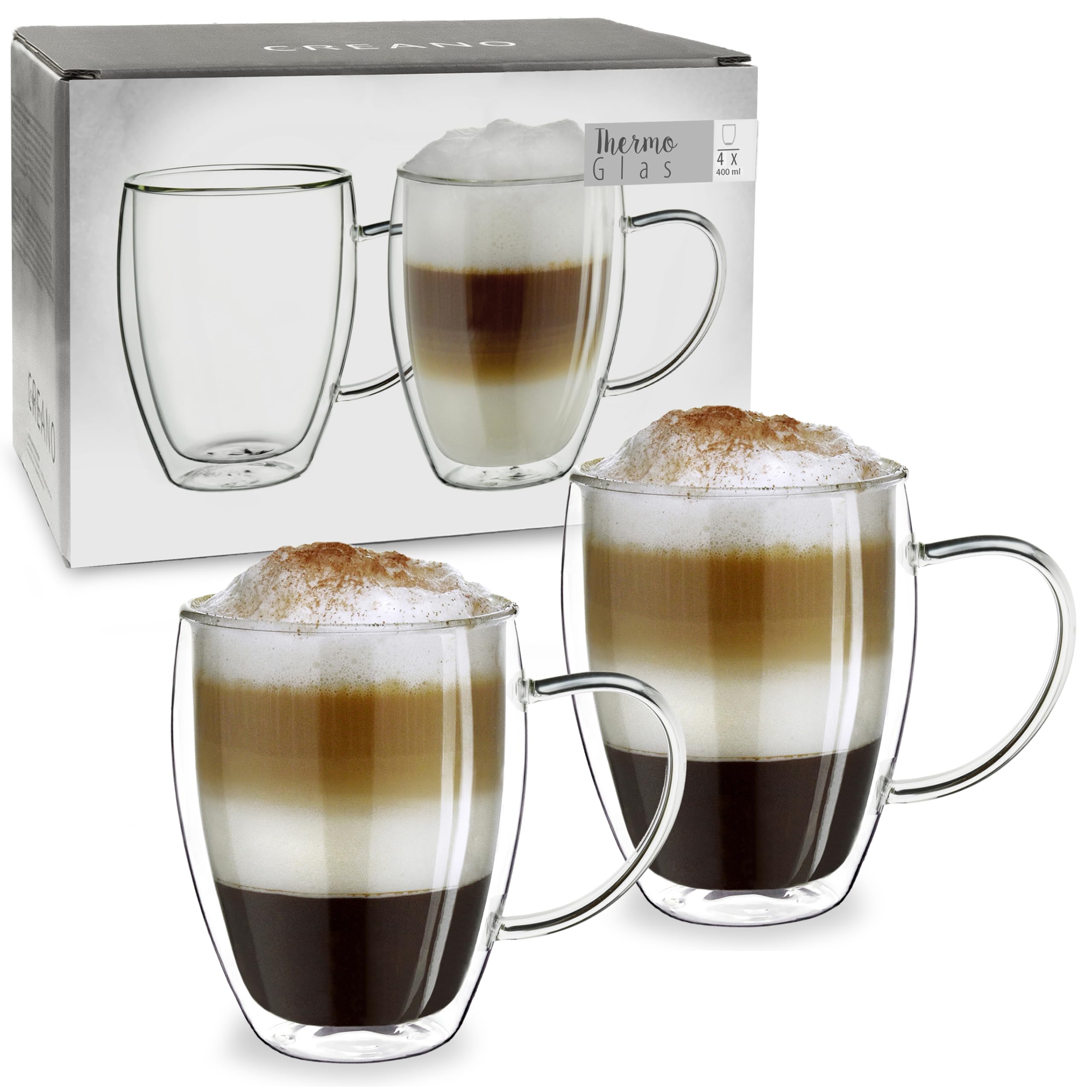 Creano doppelwandiges Thermoglas mit Henkel 400ml, großes Doppelwandglas aus Borosilikatglas, Kaffeegläser, Teegläser, Latte Gläser 2er Set