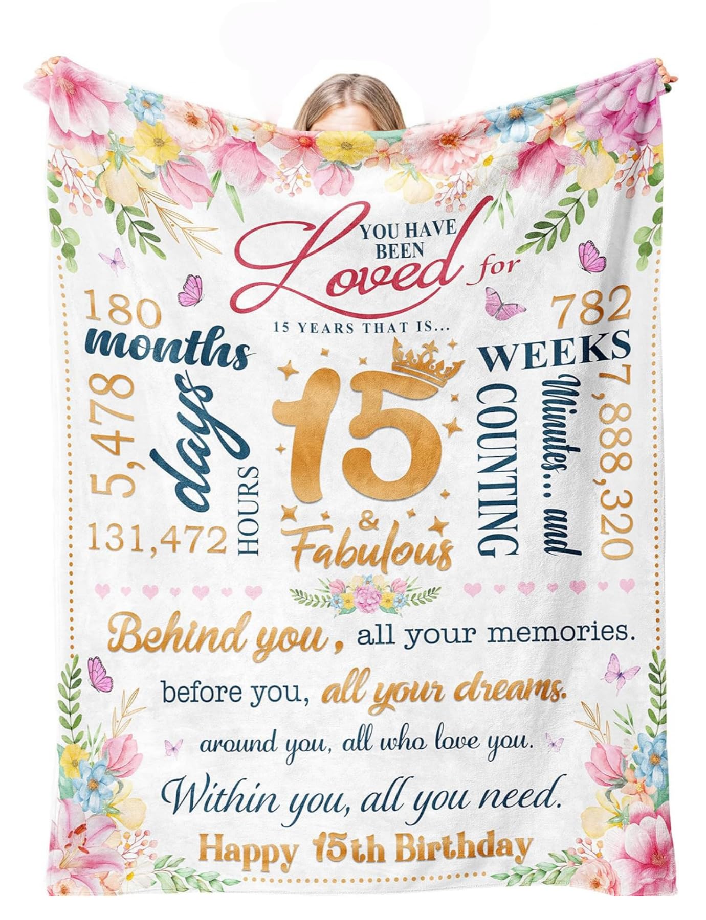 Couverture 15 ans anniversaire pour fille idée cadeau ado 150x200cm