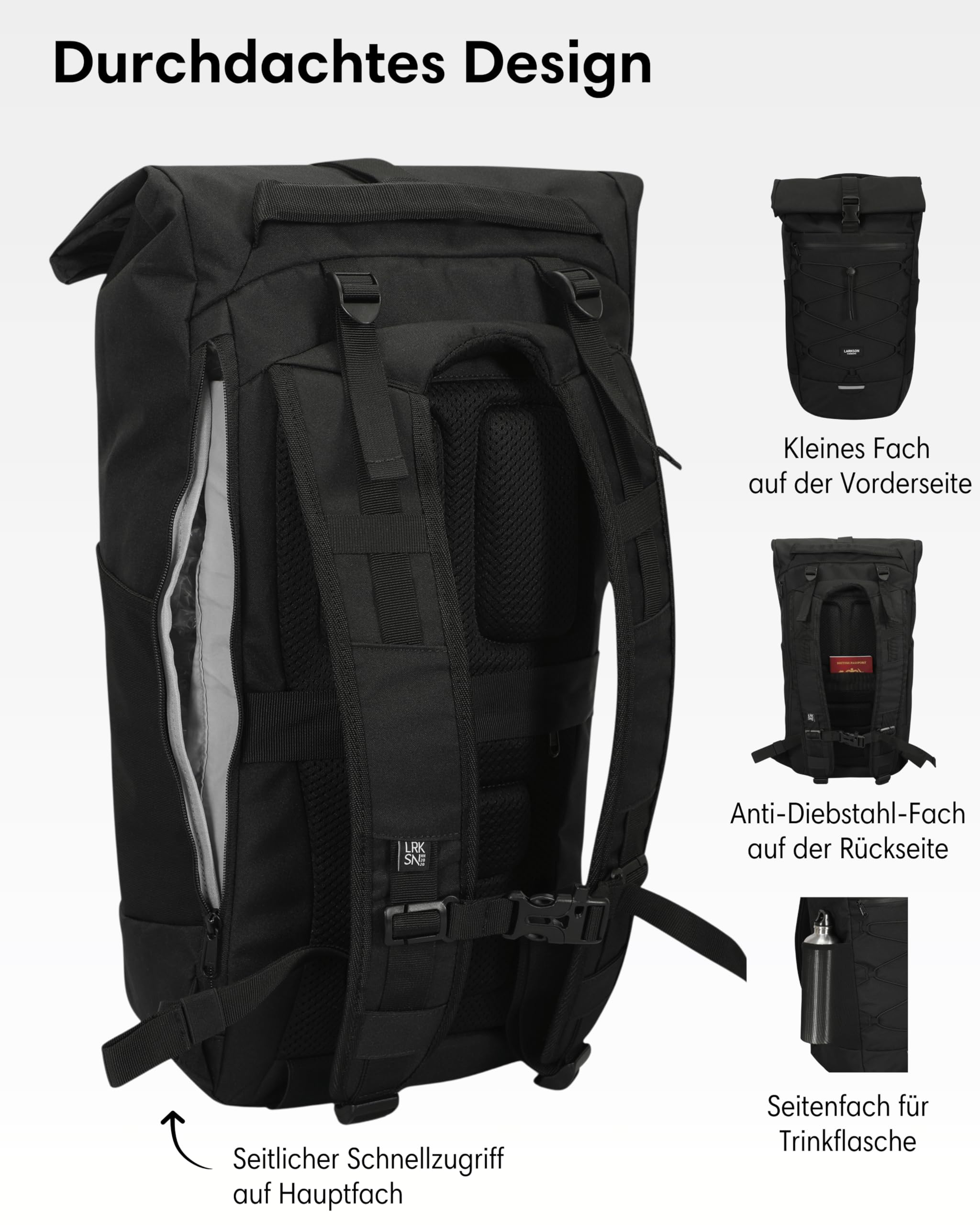LARKSON Wanderrucksack Damen & Herren Schwarz - Arvid - Trekkingrucksack 20L - Wandern, Trekking, Reisen - Tagesrucksack mit Hüftgurt & Mesh-Polsterung - Wasserdichte Reißverschlüsse