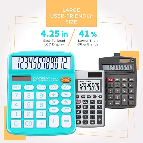 Vista 6 de CATIGA CD-2786 - Calculadora de escritorio de 12 dígitos con pantalla LCD grande y botón sensible, funciona con energía solar o batería, función