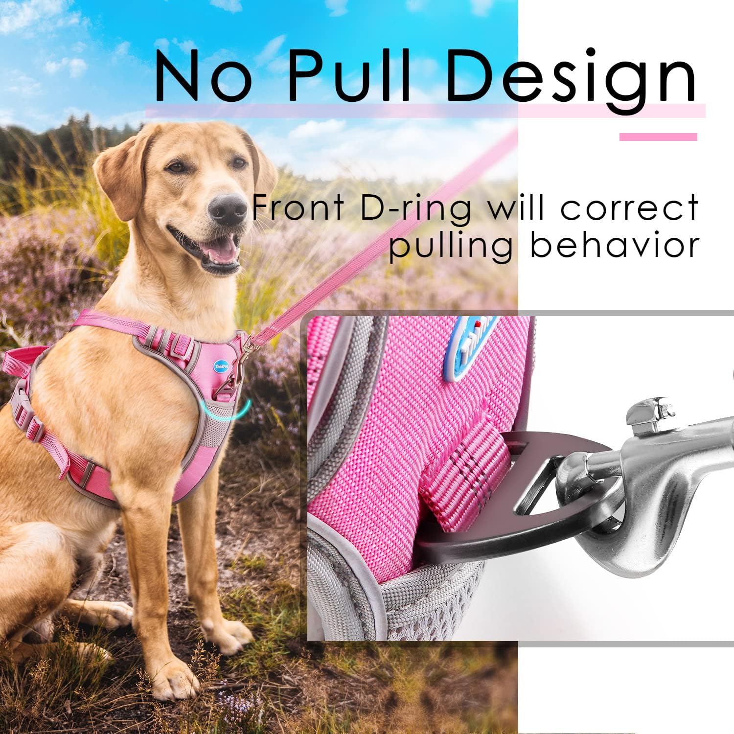 ThinkPet No Pull Harness Breathable Sport Harness with Handle-Dog Harnesses Reflective Adjustable for Medium Large Dogs,Back/Front Clip for Easy Control L Pink - Image 3