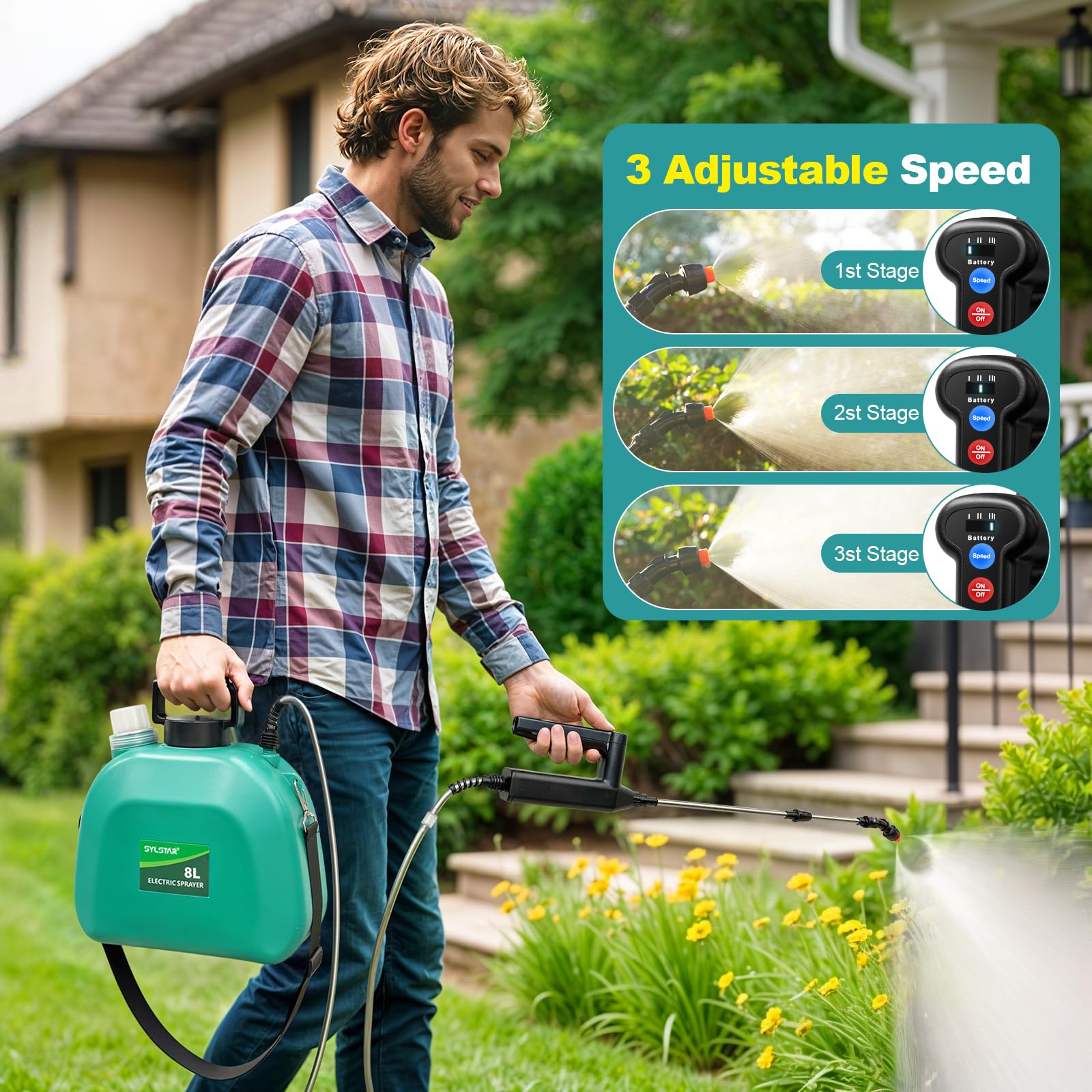 SYLSTAR Pulverisateur Electrique 8L 7.4V Jardin avec 4 Buses Reglables 3 Vitesses Canne Telescopique