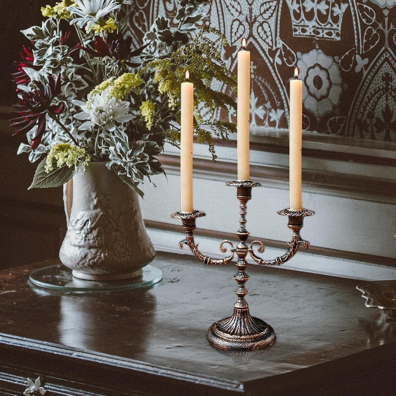 Retro 5-Head Black Iron Candle Holder, Romantic Candelabra for Wedding, Dining Table & Home Decoration, 31cm