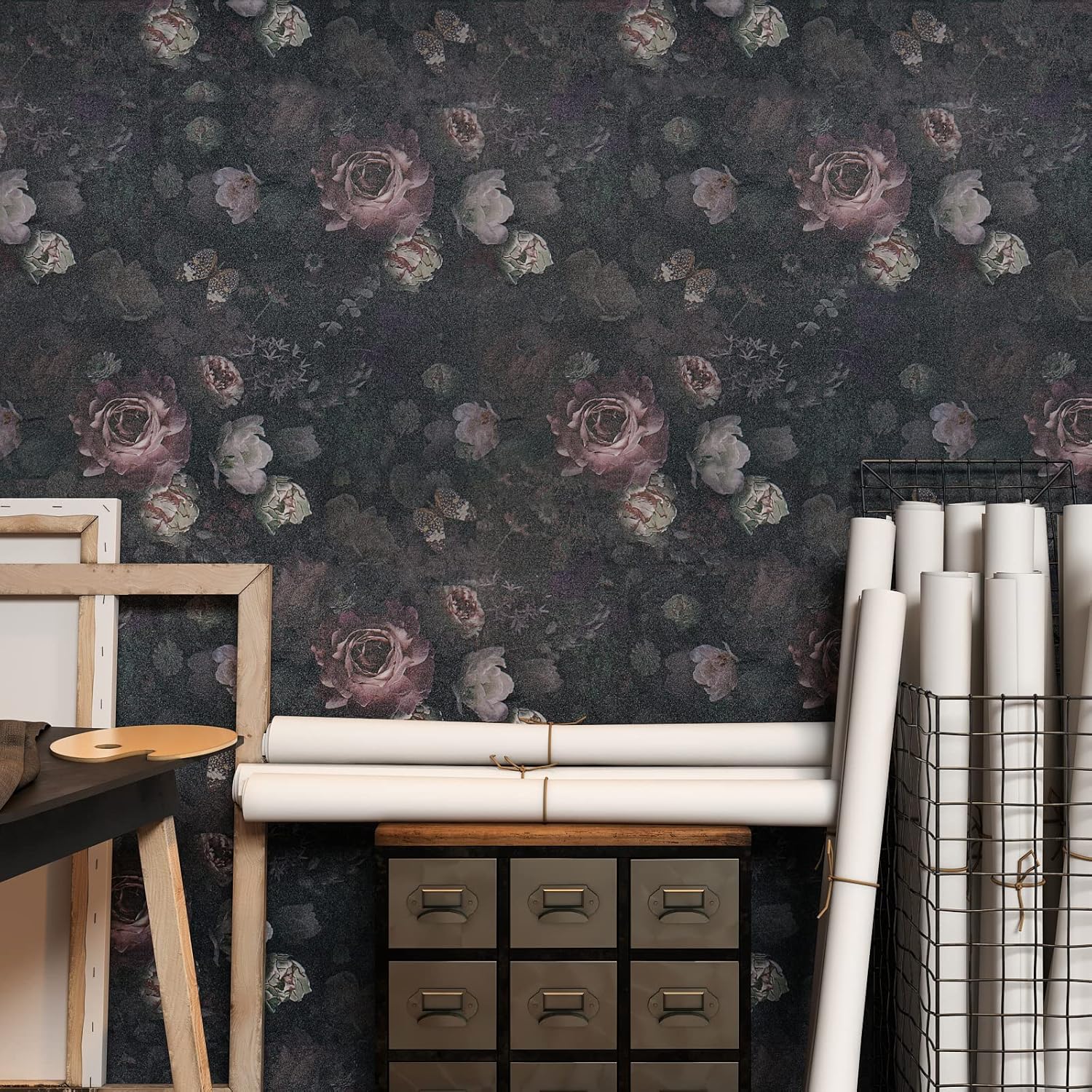 VEELIKE Vintage Dark Butterflies Peonies Wallpaper Mural 17.7''x354'' Black Floral Removable Decorative Contact Paper for Bedroom Bathroom Walls