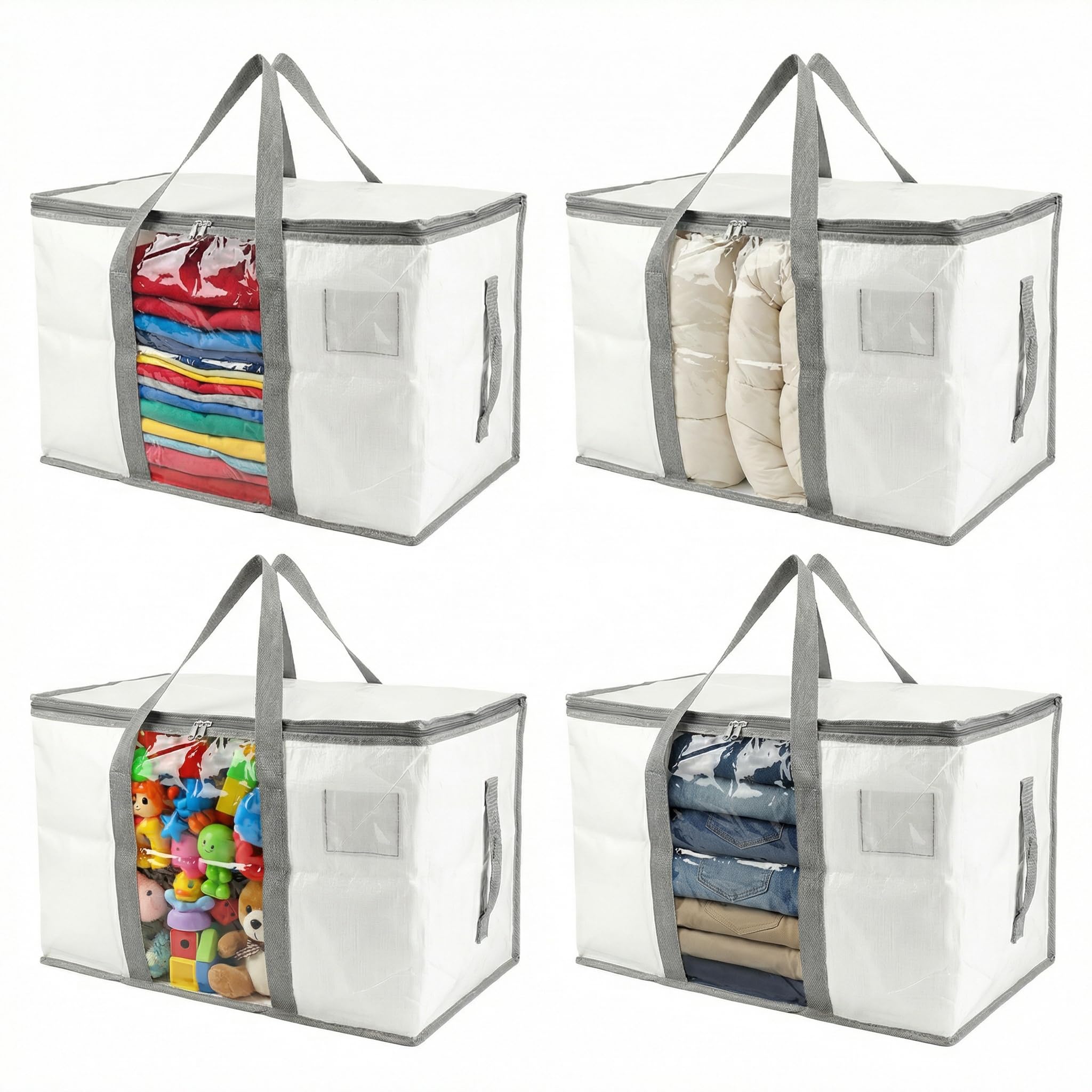 RLAVBL 90L Storage Bags with Zips 4 Pack, Heavy Duty Large Moving Bags with Handles and Label Pocket, Clear Window Packing Laundry Bags for Clothes, Blankets and Bedding, Grey and White