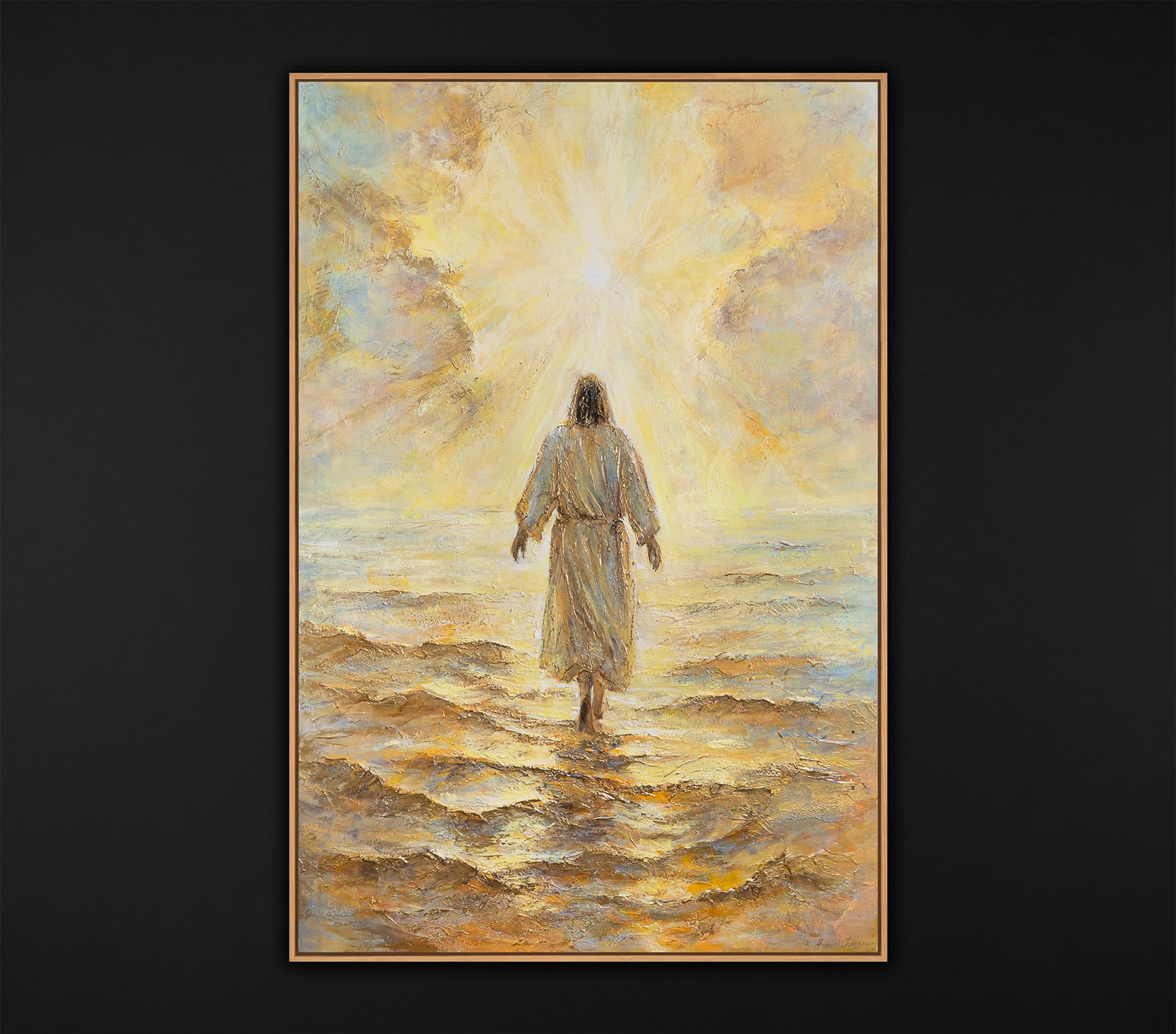 YS -Art Dipinto a mano Gesù Quadro su tela Spirituale Murale cristiana con cornice Pittura Acrilica Religiosa Mare & Luce Decorazione moderna da parete 120 x 80 cm