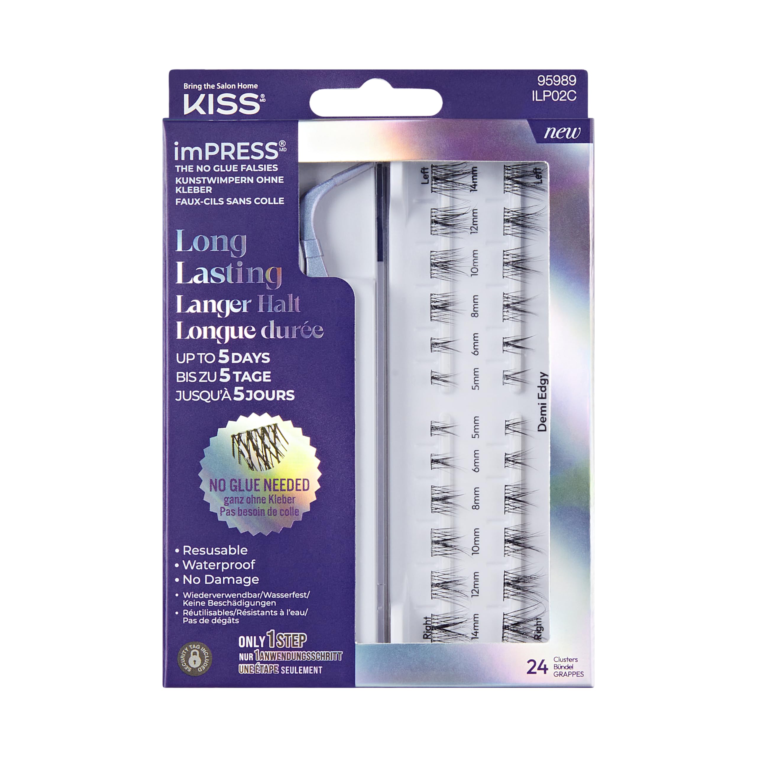 KISS imPRESS Falsies ILP02C – Bezklejowe Rzęsy Bondingowe Samoprzylepne Demi Edgy – Kępki DIY pod Rzęsy – 24 szt. z Aplikatorem