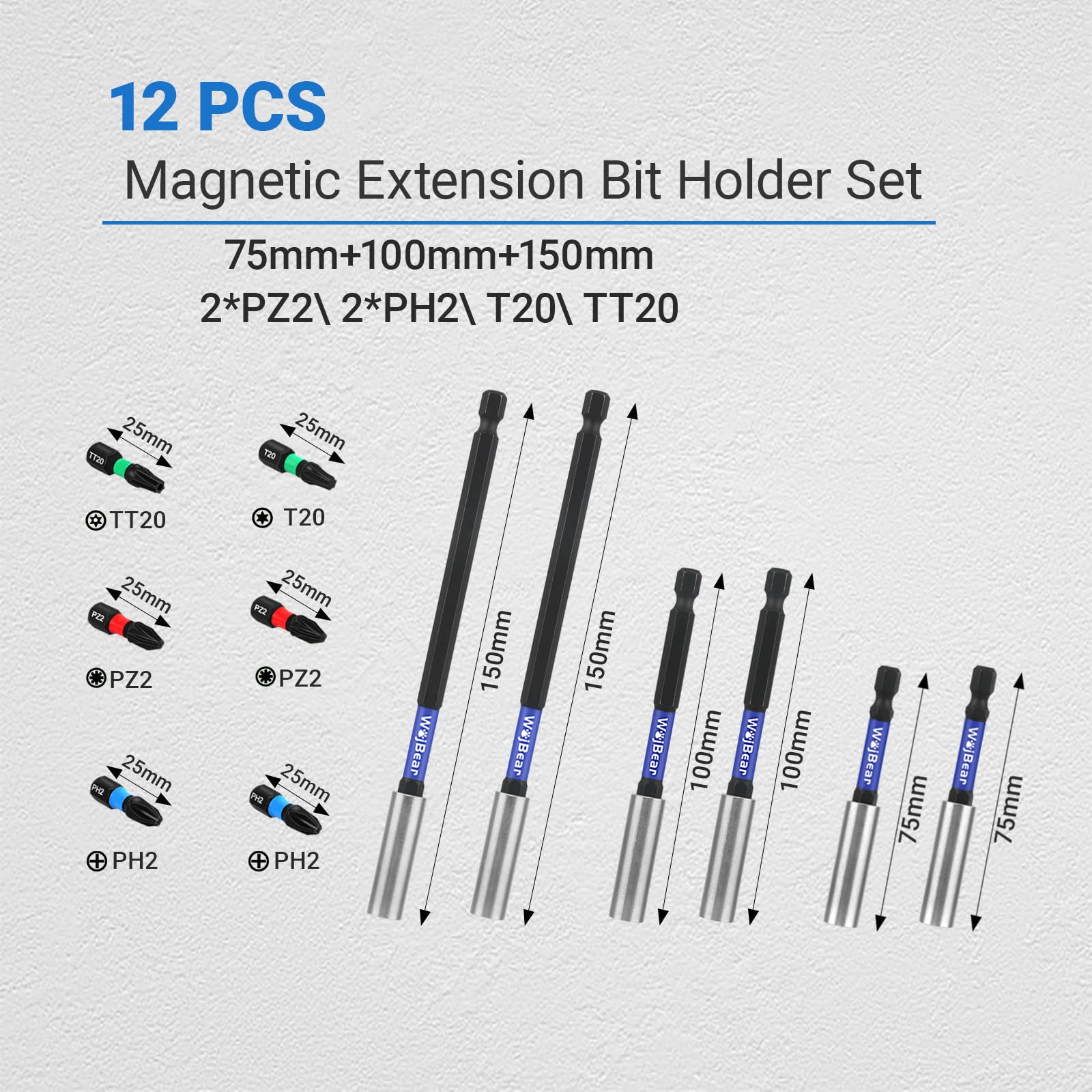WojBear 6 PCS Magnetic Extension Bit Holder Set, 2 * 75mm 2 * 100mm 2 * 150mm - Image 2