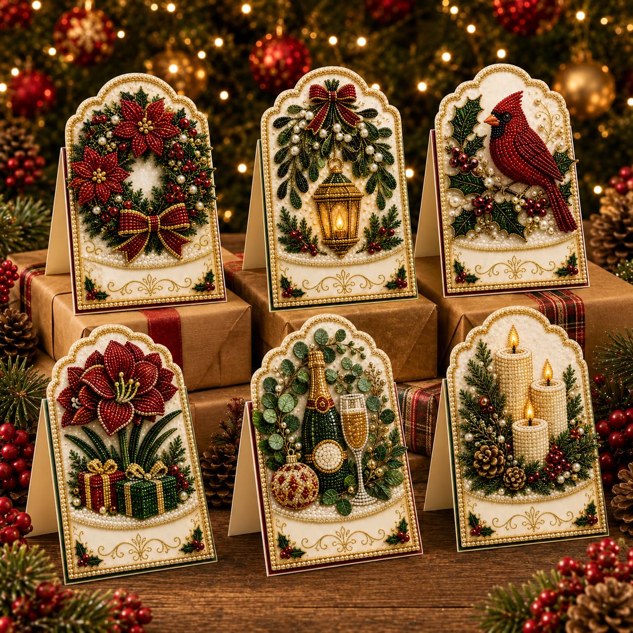 6pcs DIY Pearl Diamond Art Painting Christmas Greeting Cards with Envelopes