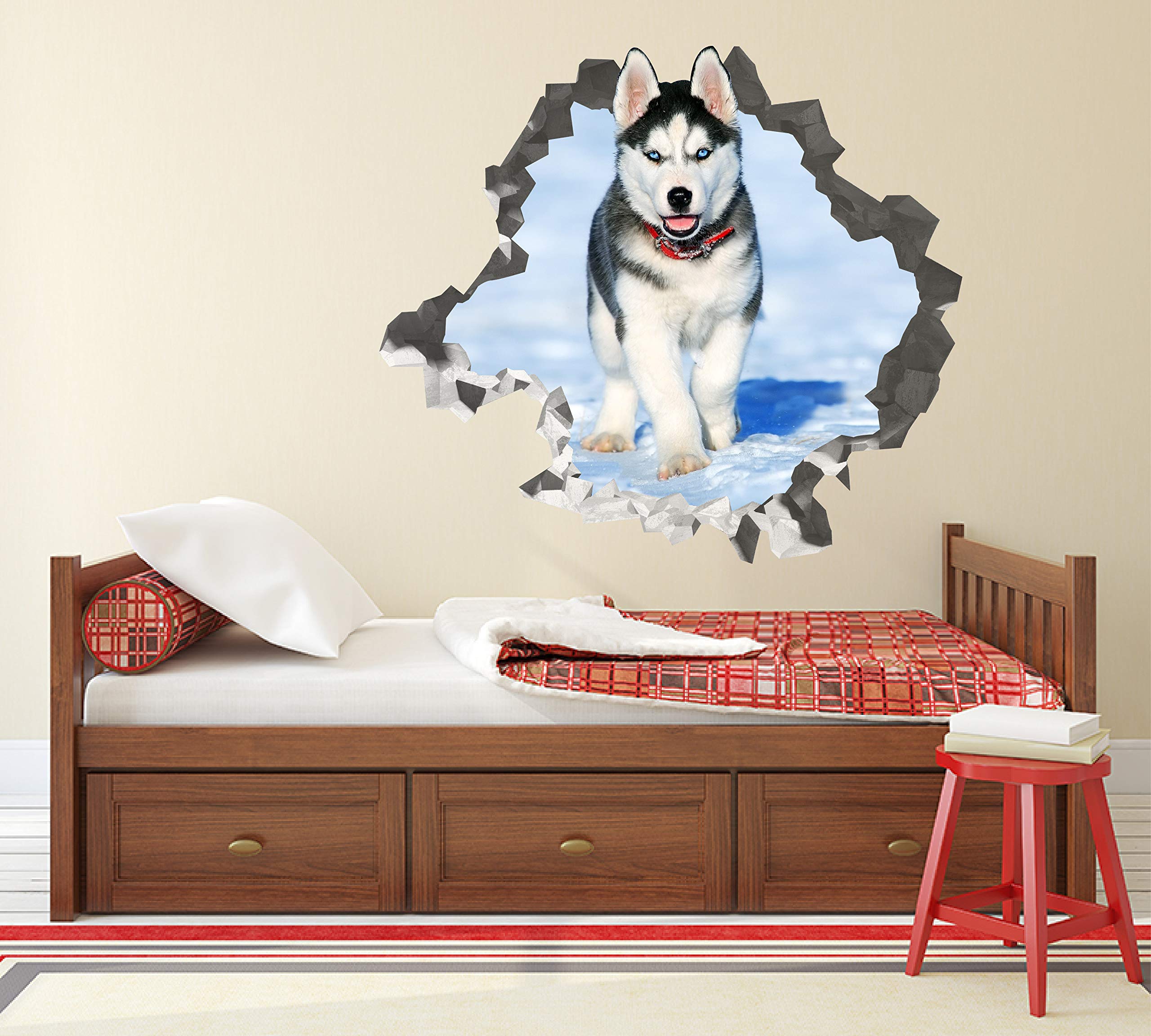 Husky Adorable Pegatina - Calcomania Animales - Decoración de Cuartos Niños - Sticker de Cachorro - Decoración Infantil - JS371 (Grande: 102 cm x 91 cm)