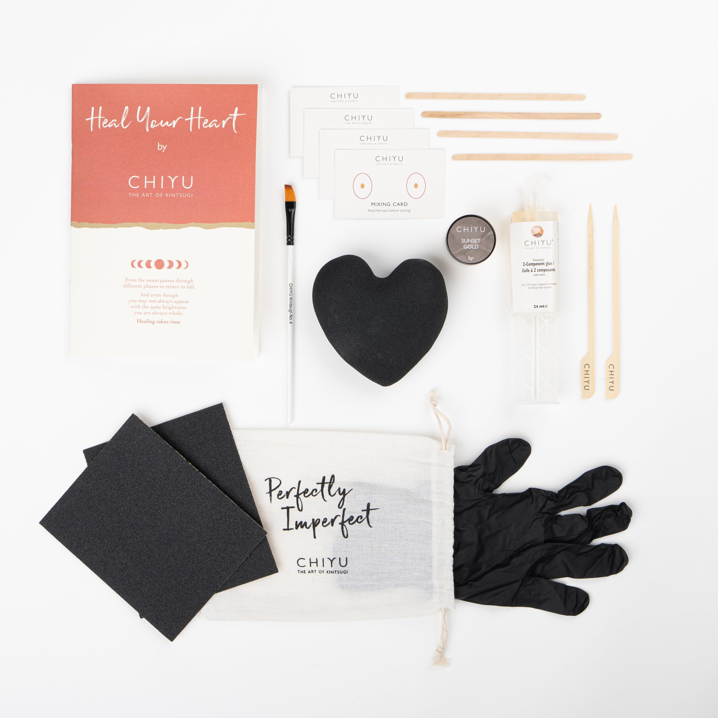 CHIYU Kit de réparation Kintsugi - Heal Your Heart - Colle d'or - Coeur en céramique inclus - Boîte cadeau - Kintsugi kit de réparation - Fusain