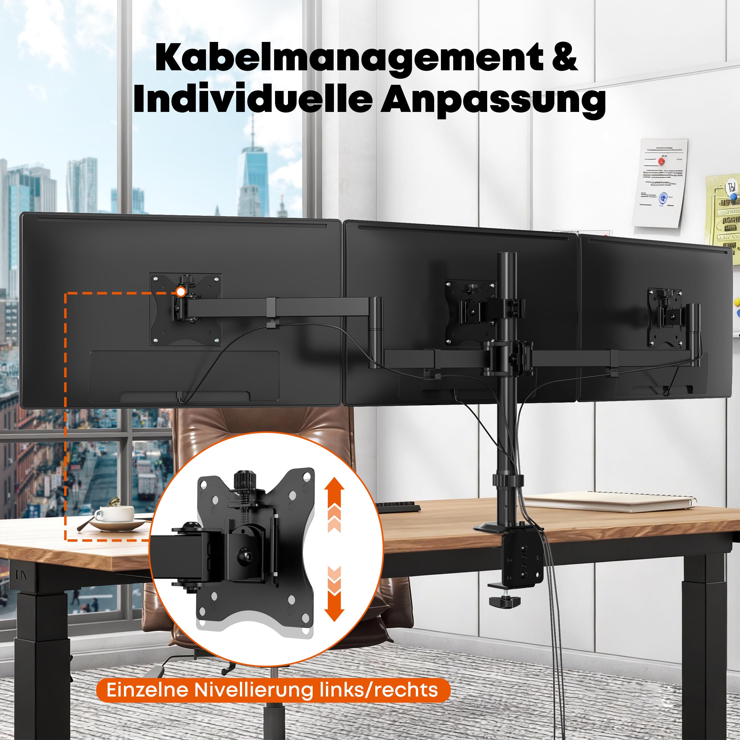 Monitor Halterung 3 Monitore 13-27", VESA 75/100, je 10kg, voll verstellbar | Triple Halterung, Höhenverstellbar, Ergonomisch Tischklemme, Schwarz, Neigung & Drehung verstellbar, Homeoffice & Gaming