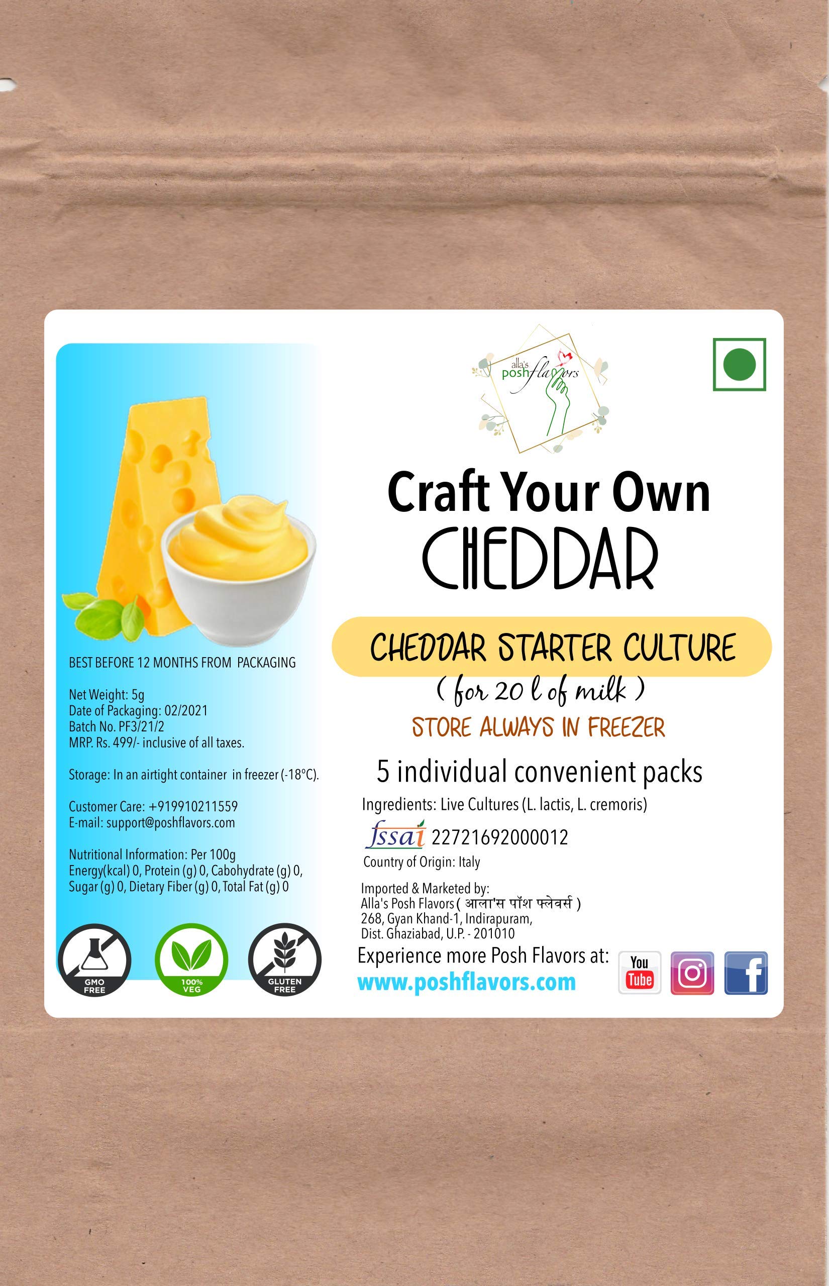 Allas Posh Flavors Cheddar Cheese Starter Culture | 5 Convenient sachets | Non-GMO | Gluten-Free | Detailed Instructions Included | Rennet not Included (B093C21HZR) Amazon Price History, Amazon Price Tracker