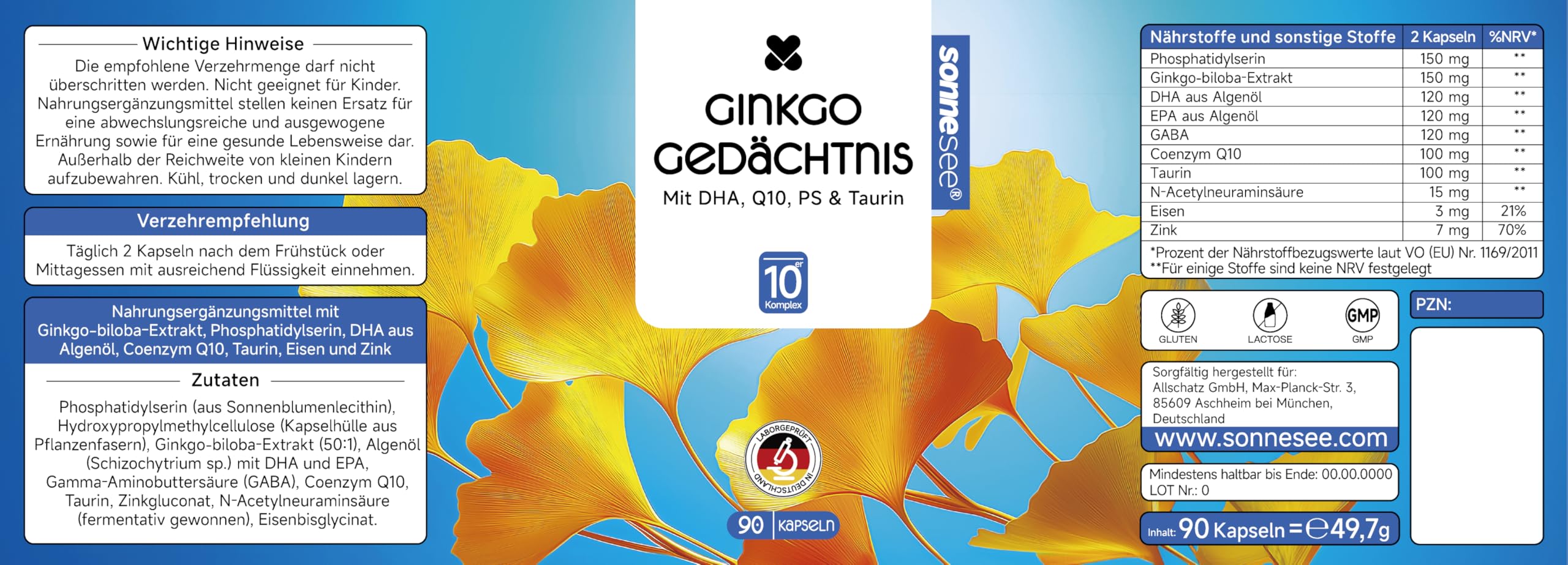 10-in-1 Phosphatidylserin (PS) Ginkgo Gedächtnis Hochdosiert Komplex Kapseln mit Biloba Omega-3 (DHA/EPA) & Q10 GABA, Taurin, Zink & Eisen 90 Vegan