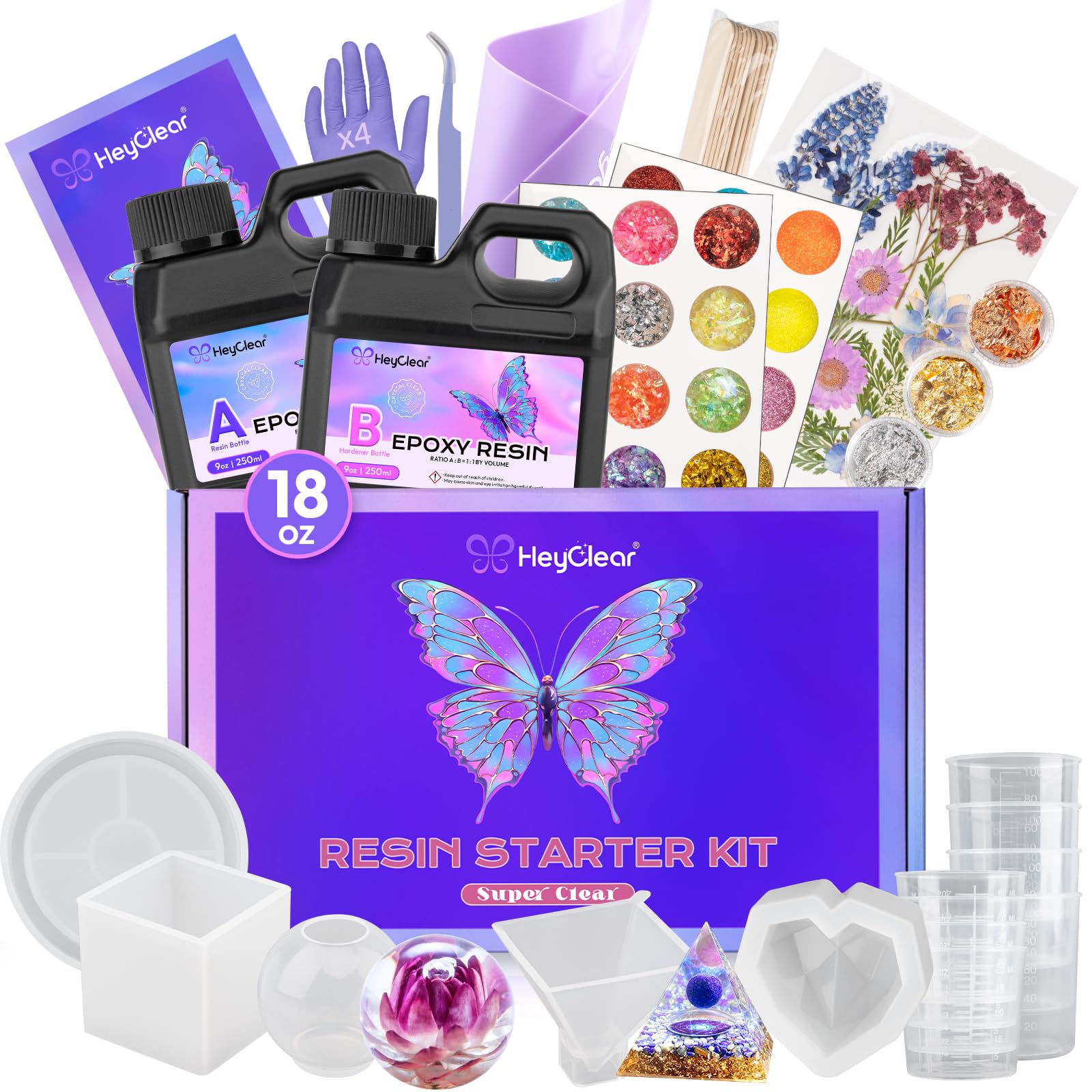 HeyClear Epoxy Resin Kit with Molds for Beginners -18 oz Super Clear and Hard Resina Complete Craft Supplies Set for Starter Casting Arts Crafts for Adults, DIY Creation Gifts