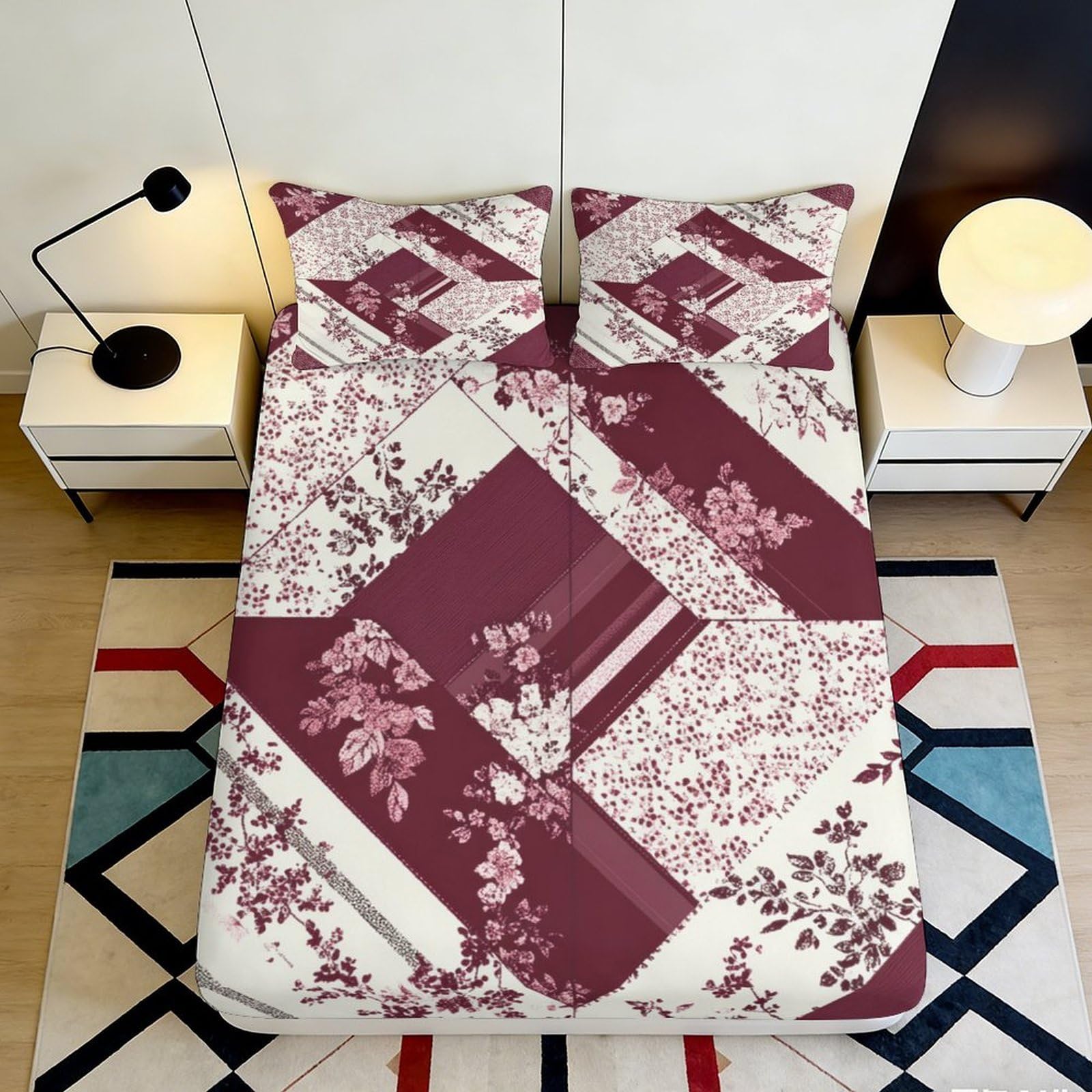 3D Printed Patchwork Floral Fitted Sheet Microfiber Deep Pocket, Bedroom Bedding Floral Mattress Fitted Cover, Elastic Hem, Washable Adult Use 120x200x25cm