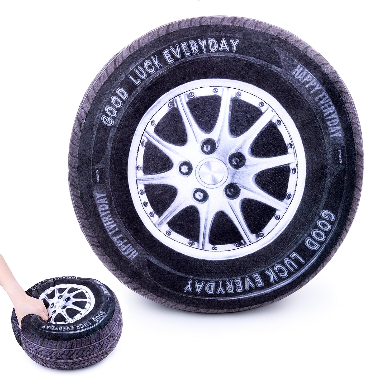 RLOMUTE 15.7 Inch black Tire Pillow Cushion Plush Toy Realistic Creative 3D Wheel Stuffed Super Soft Cute for Birthday Party Car Favors Travel Bedroom Home Decor Collectible Gift for kids Boys