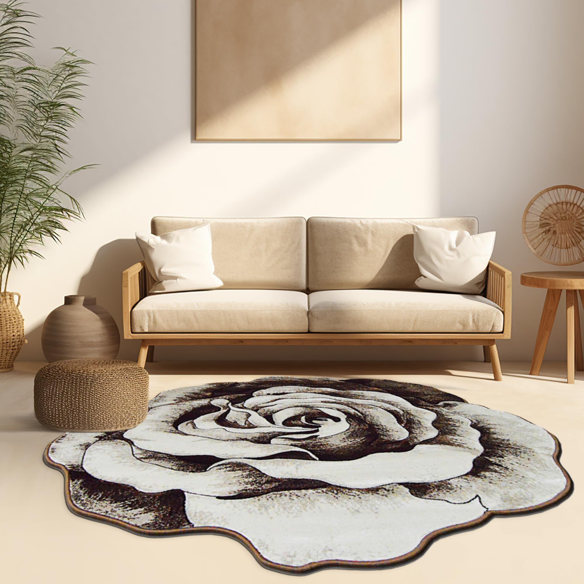 Rose Rug 6ft Round Area Rugs Cute Plush Flower Shaped Rug Circle Girly for Bedroom Floor Living Room Carpet 304 Brown